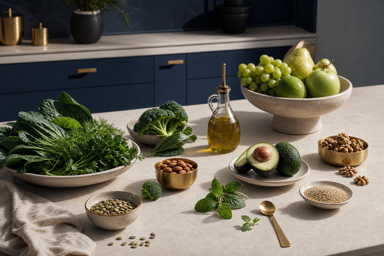 Aliments sains légumes verts fruits noix graines huile olive composition épurée minimaliste