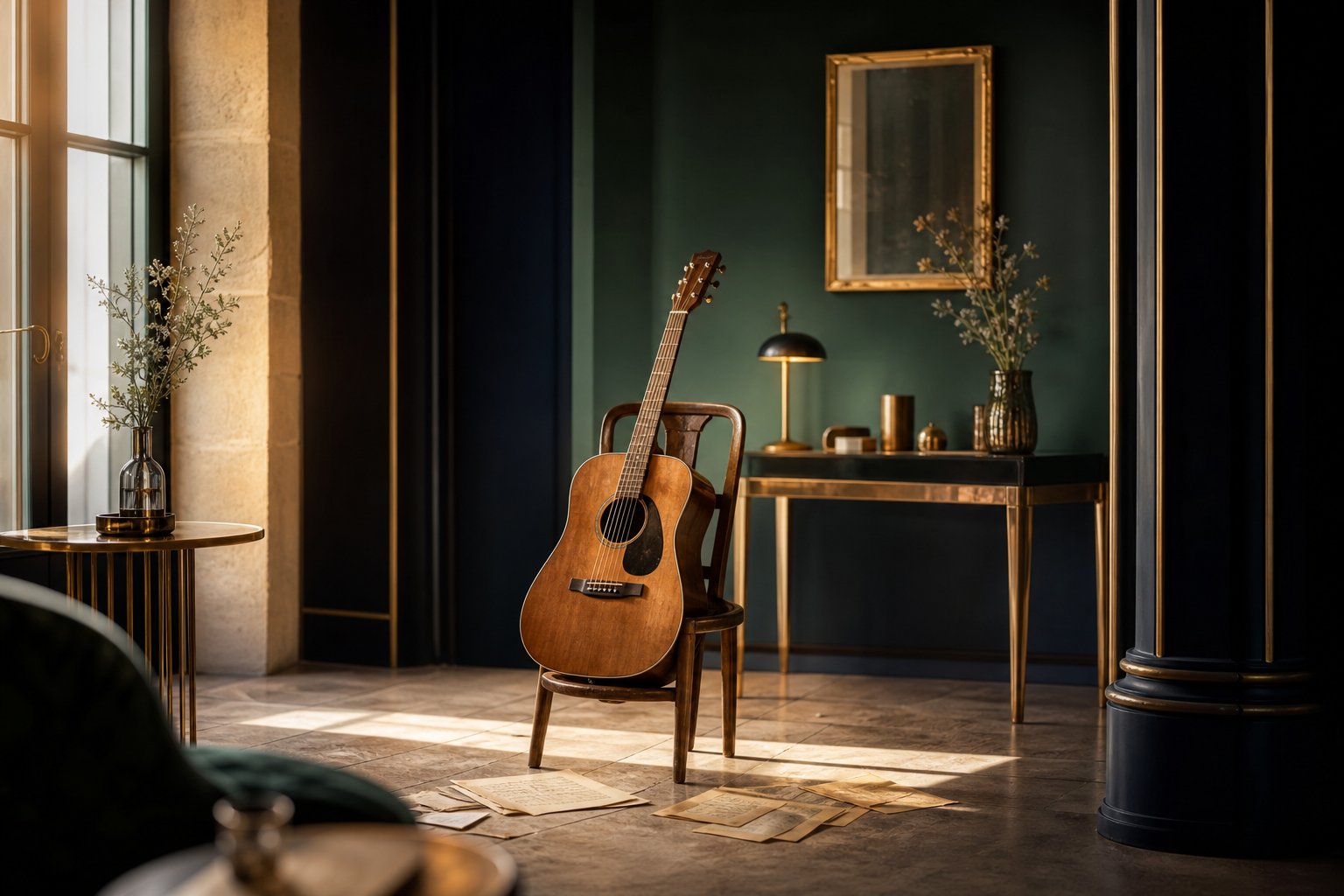 Guitare acoustique et partitions sur chaise en bois, ambiance chanson francaise nostalgique