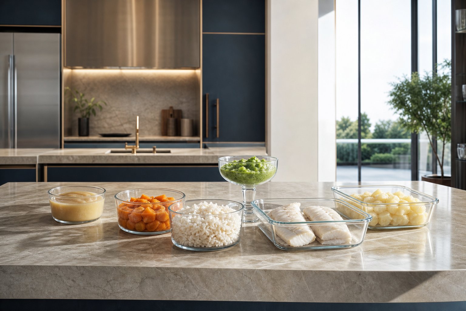Cuisine moderne épurée aliments sains légumes cuits riz poisson compote contenants verre