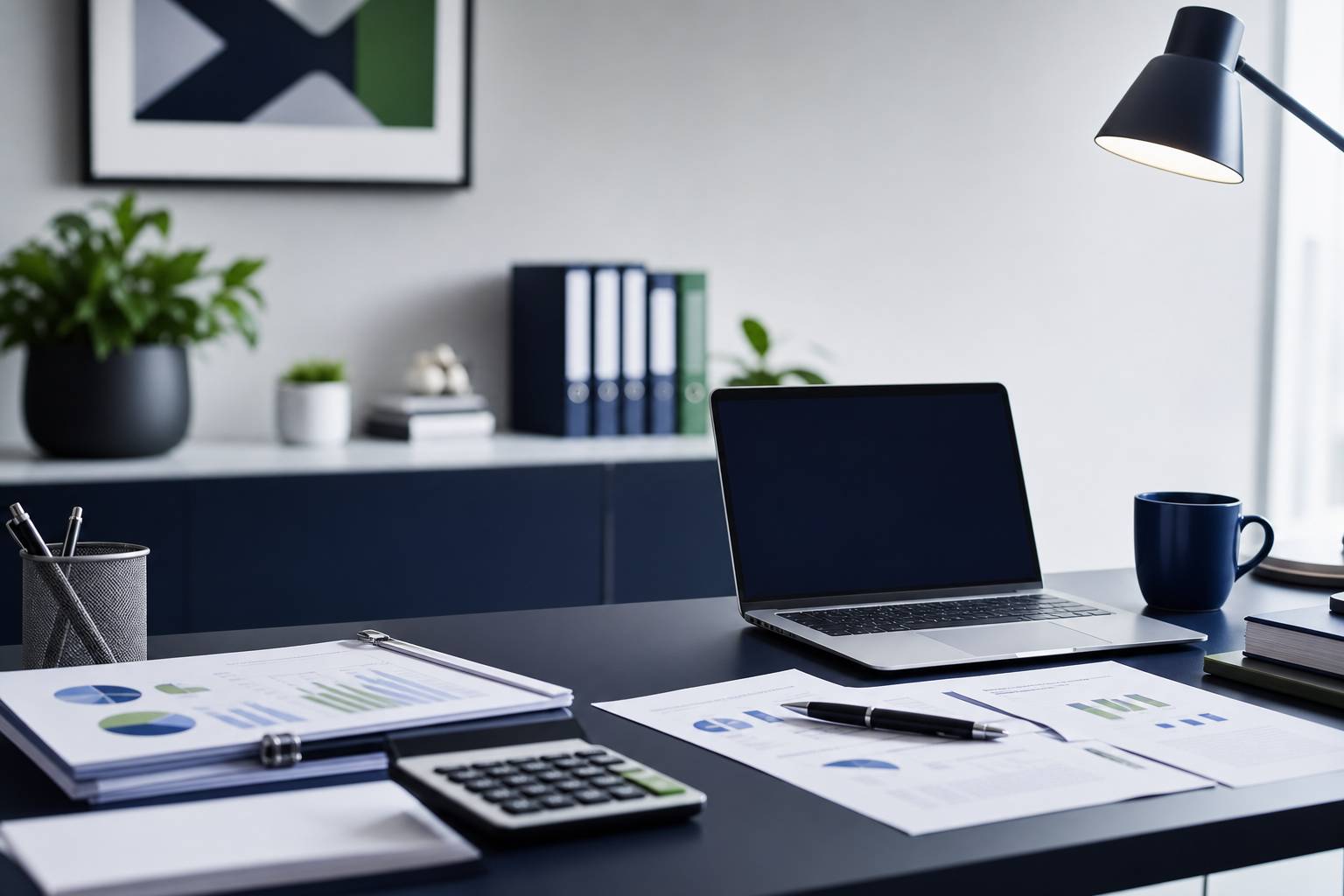 Bureau avec documents fiscaux calculatrice stylo et ordinateur