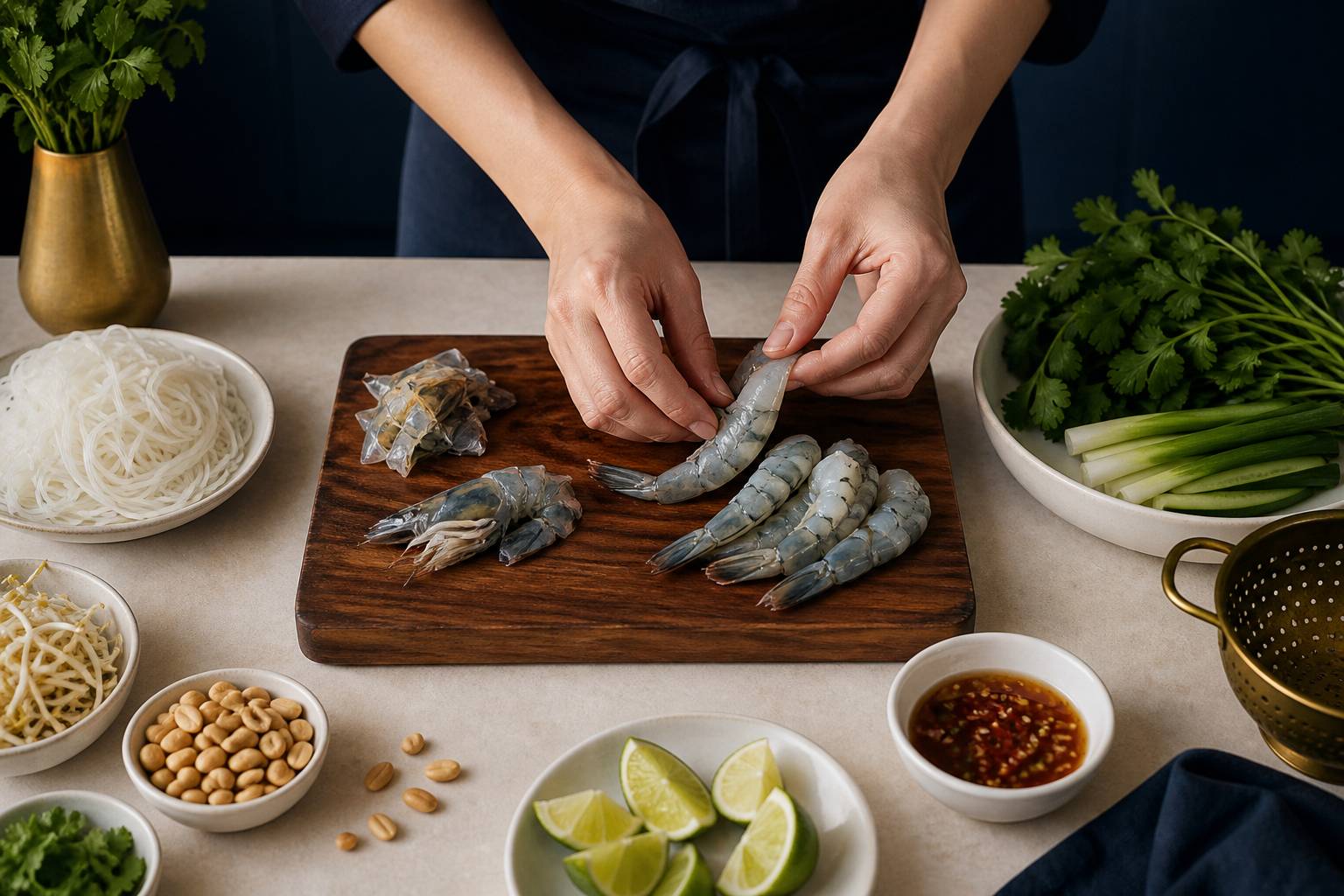 Ingrédients frais pour pad thaï : crevettes, nouilles, cacahuètes, citron vert et sauce