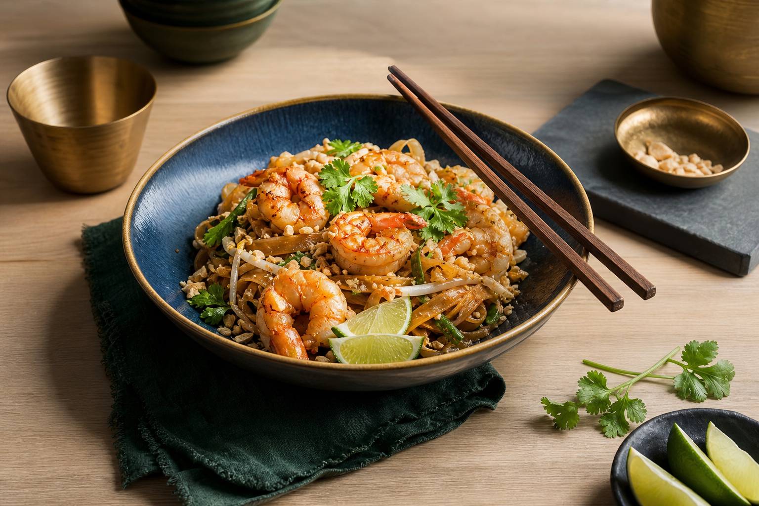 Pad thaï aux crevettes dans un bol en céramique avec cacahuètes et coriandre
