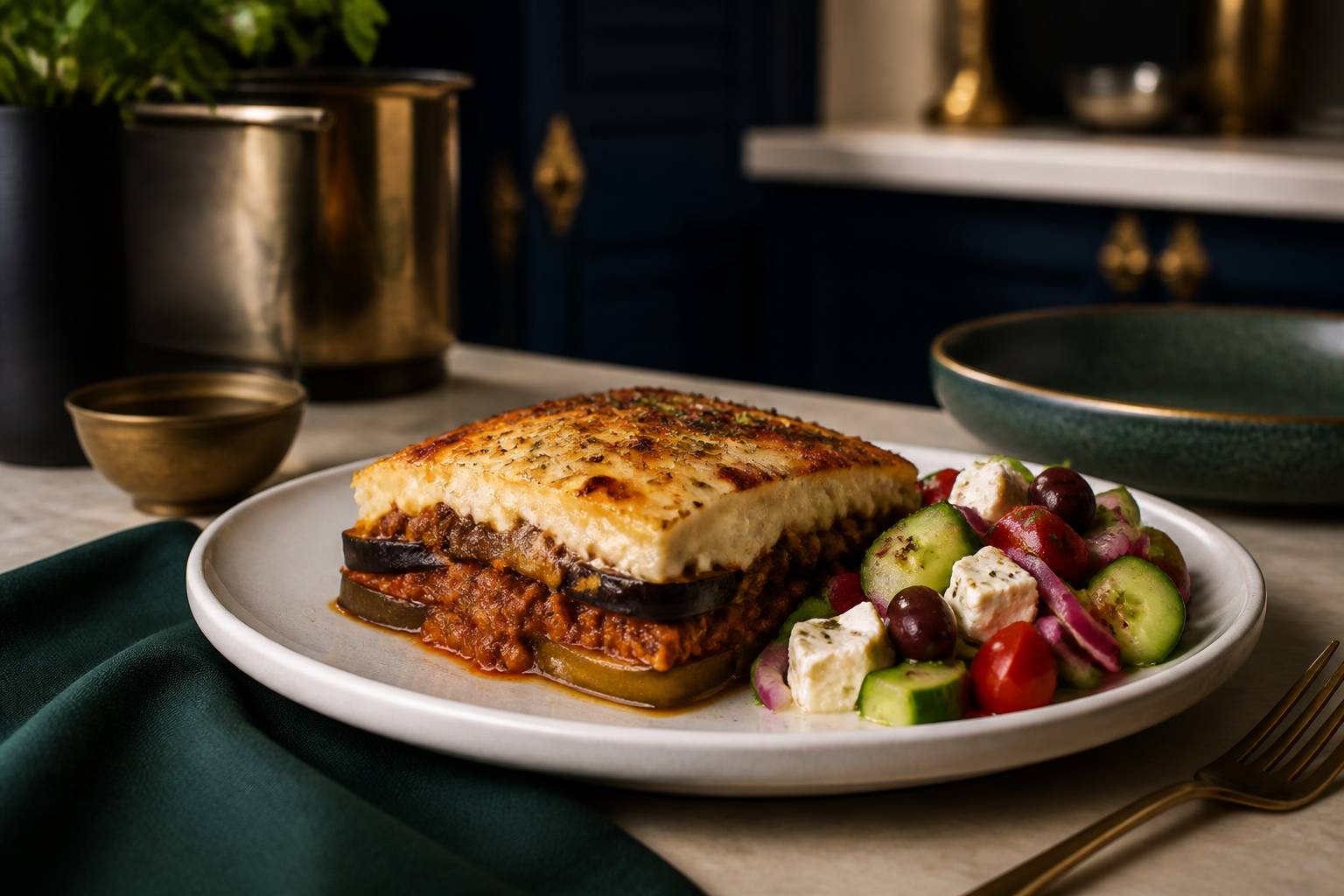 Part de moussaka dans une assiette blanche avec salade grecque et origan
