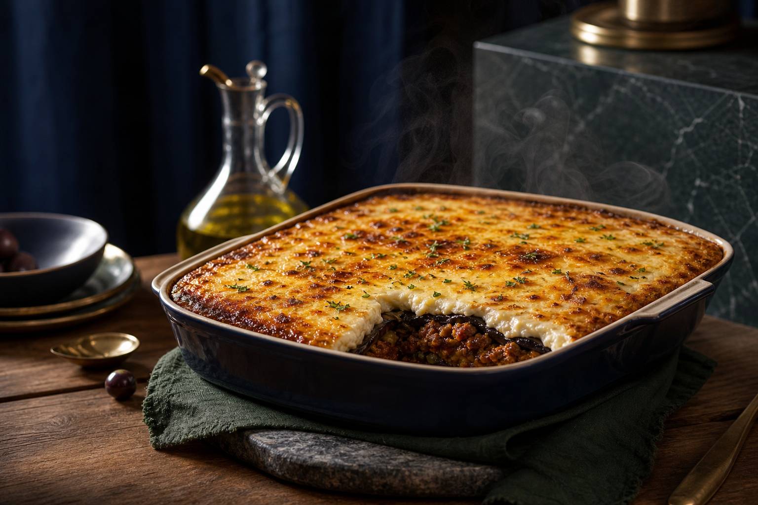 Moussaka dorée dans un plat en céramique avec béchamel, vapeur montante, cuisine méditerranéenne
