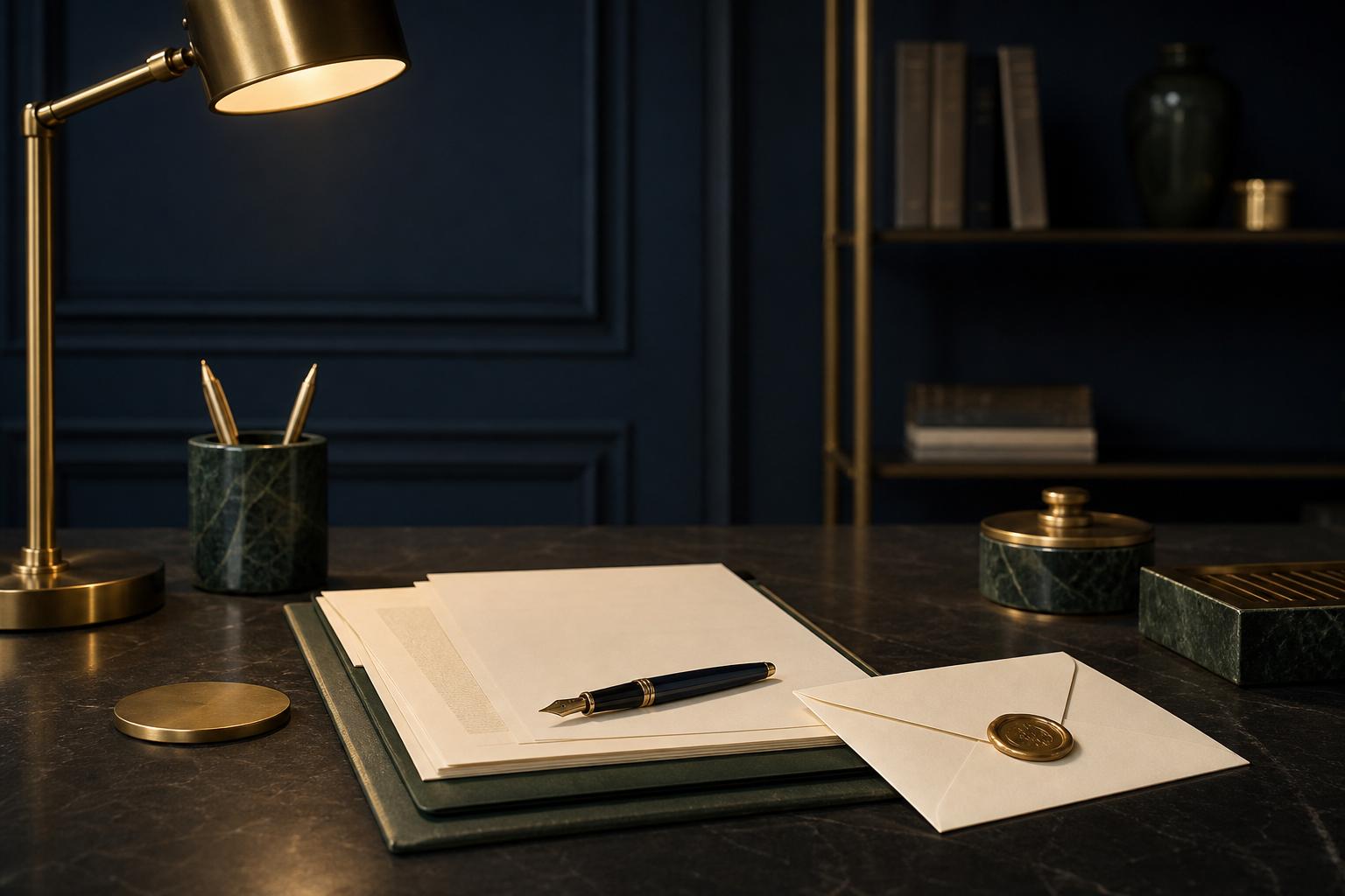 Bureau élégant avec documents succession et enveloppe cachetée cire