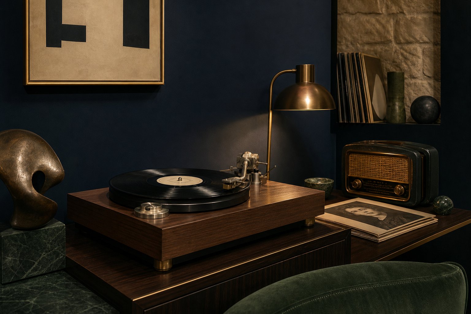 Tourne disque vinyle sur console bois, ambiance musicale vintage chanson francaise