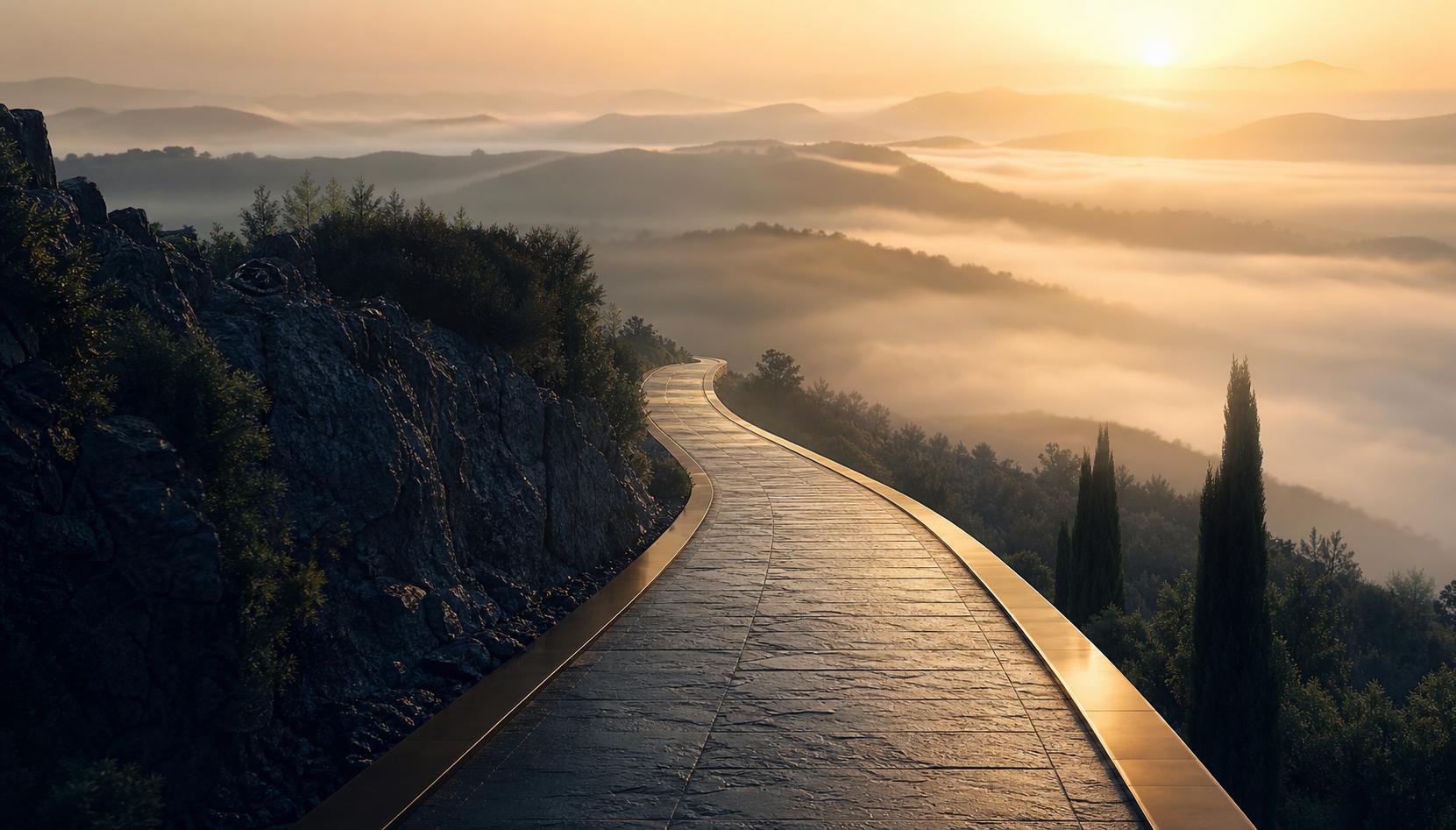 Paysage de collines brumeuses avec chemin de pierre symbolique