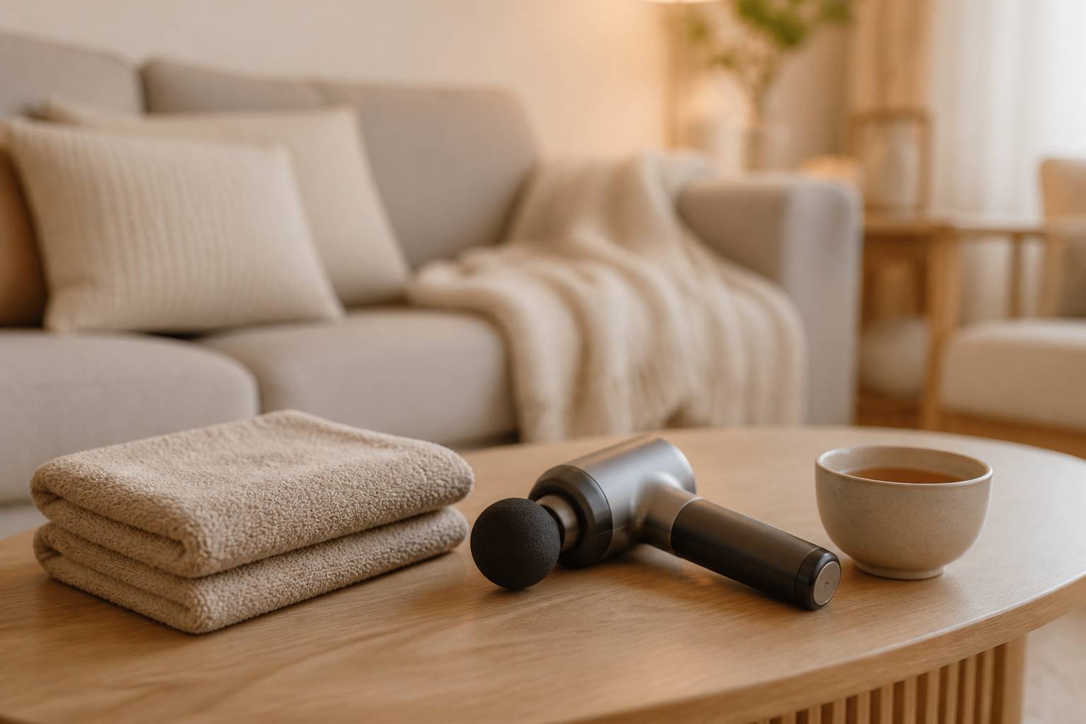 Appareil de massage portatif posé sur une table basse