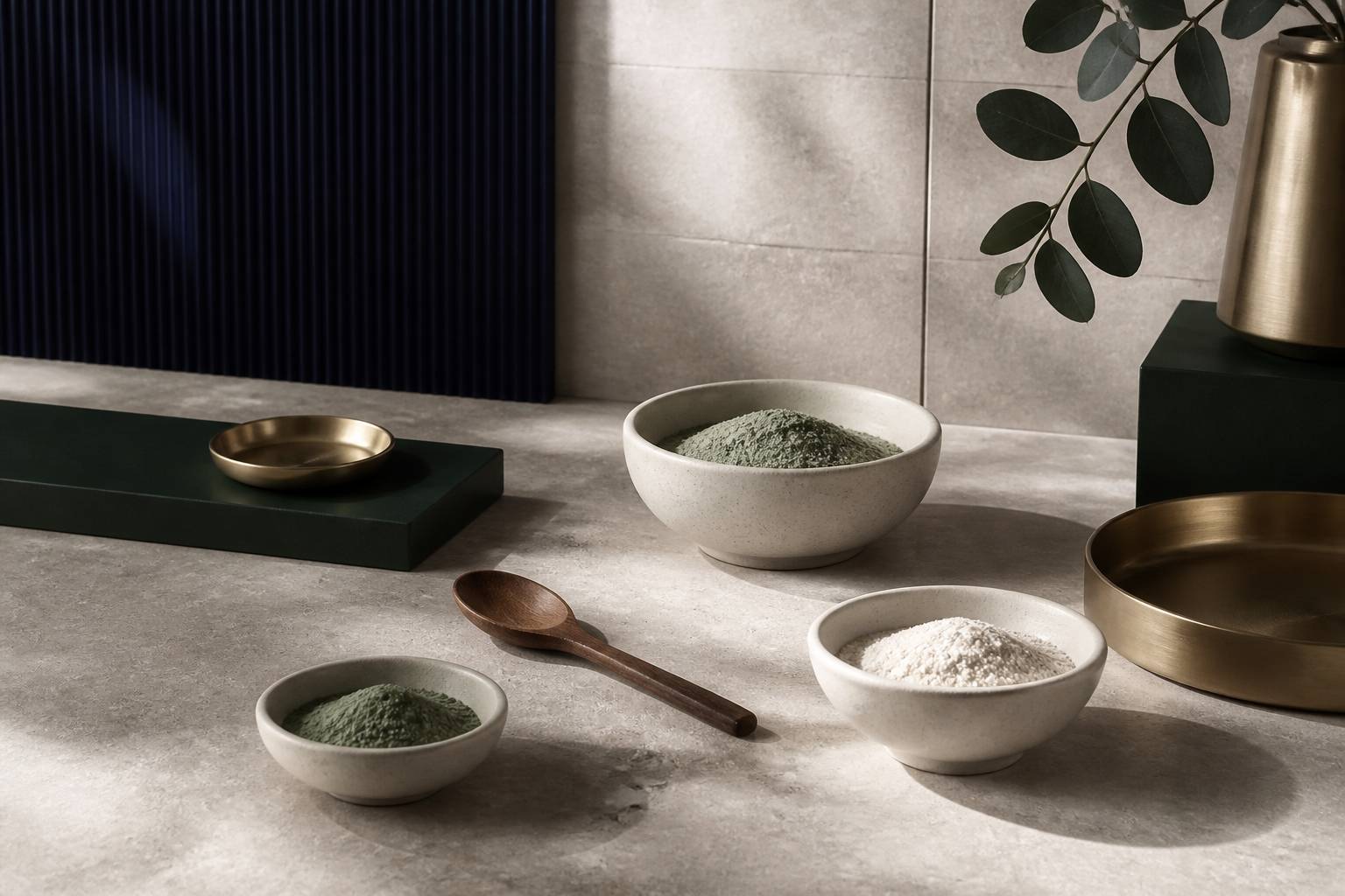 Bols en céramique de poudre d'argile verte et blanche sur table en pierre