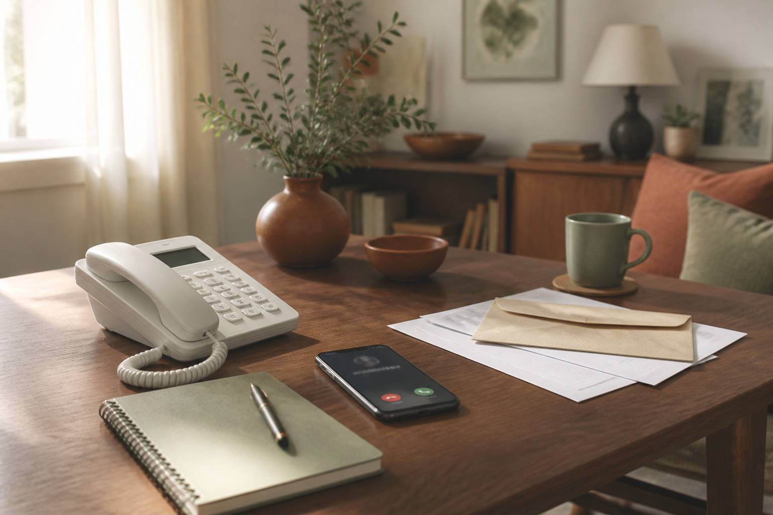 Téléphone fixe et carnet sur une table, symbole des appels frauduleux en +44