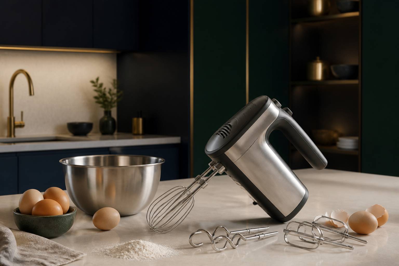 Batteur électrique à main en métal brossé avec fouets et bol en inox sur un plan de travail de cuisine