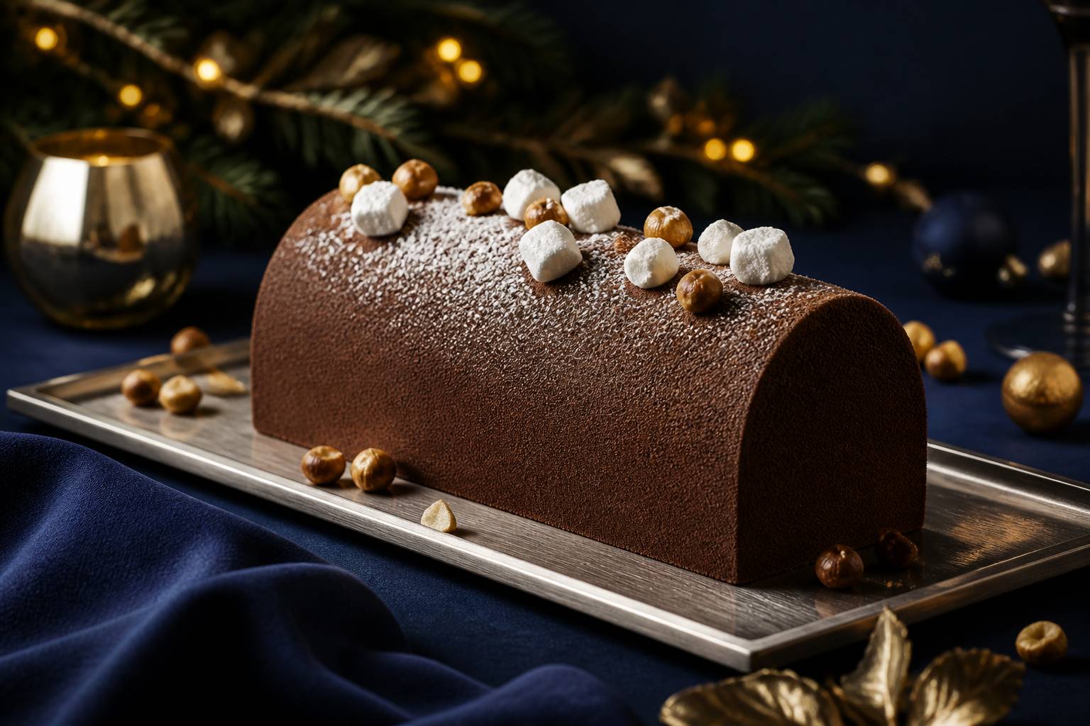 Bûche de Noël au velours chocolat avec noisettes et sucre neige