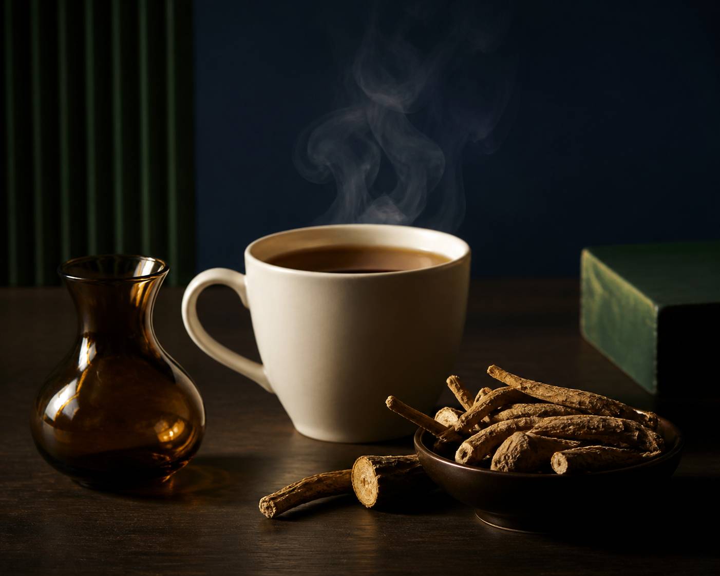 Tasse de chicorée fumante avec racines séchées