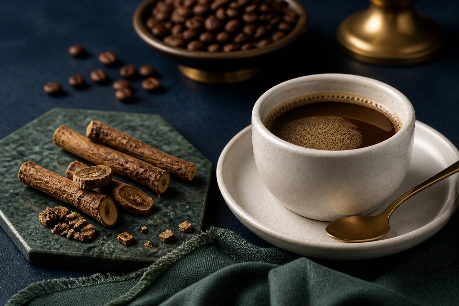 Tasse de chicorée et racines séchées sur une table