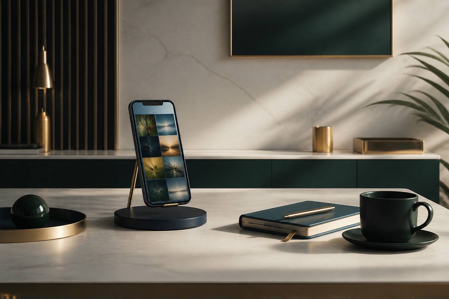 Smartphone affichant une grille de photos colorées générique sur un bureau avec un carnet