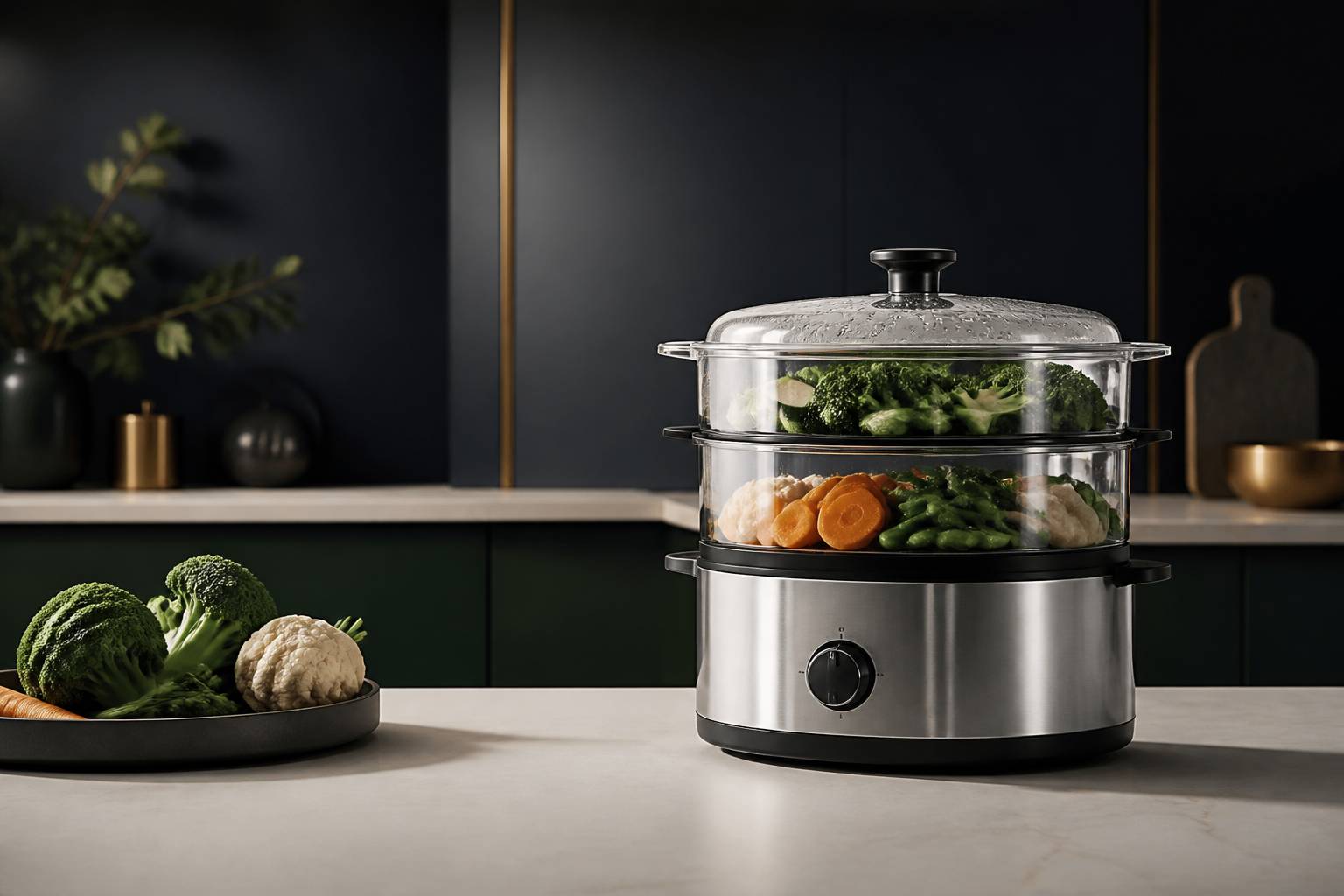 Cuiseur vapeur électrique en inox avec légumes dans les paniers superposés