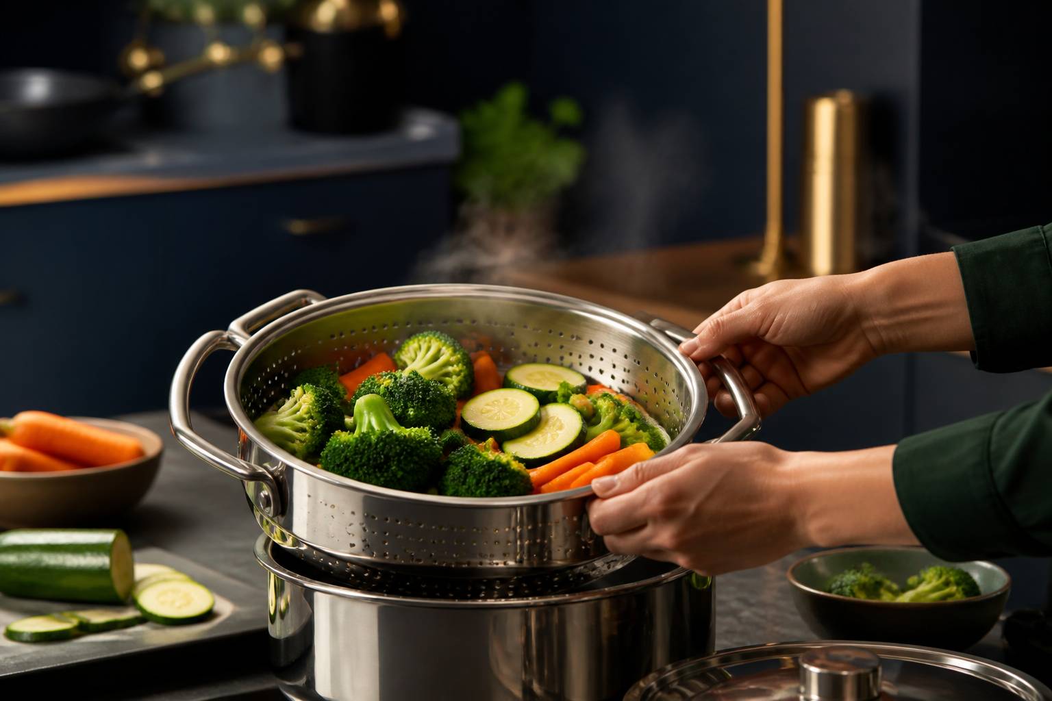 Mains disposant des brocolis et carottes dans un panier de cuiseur vapeur