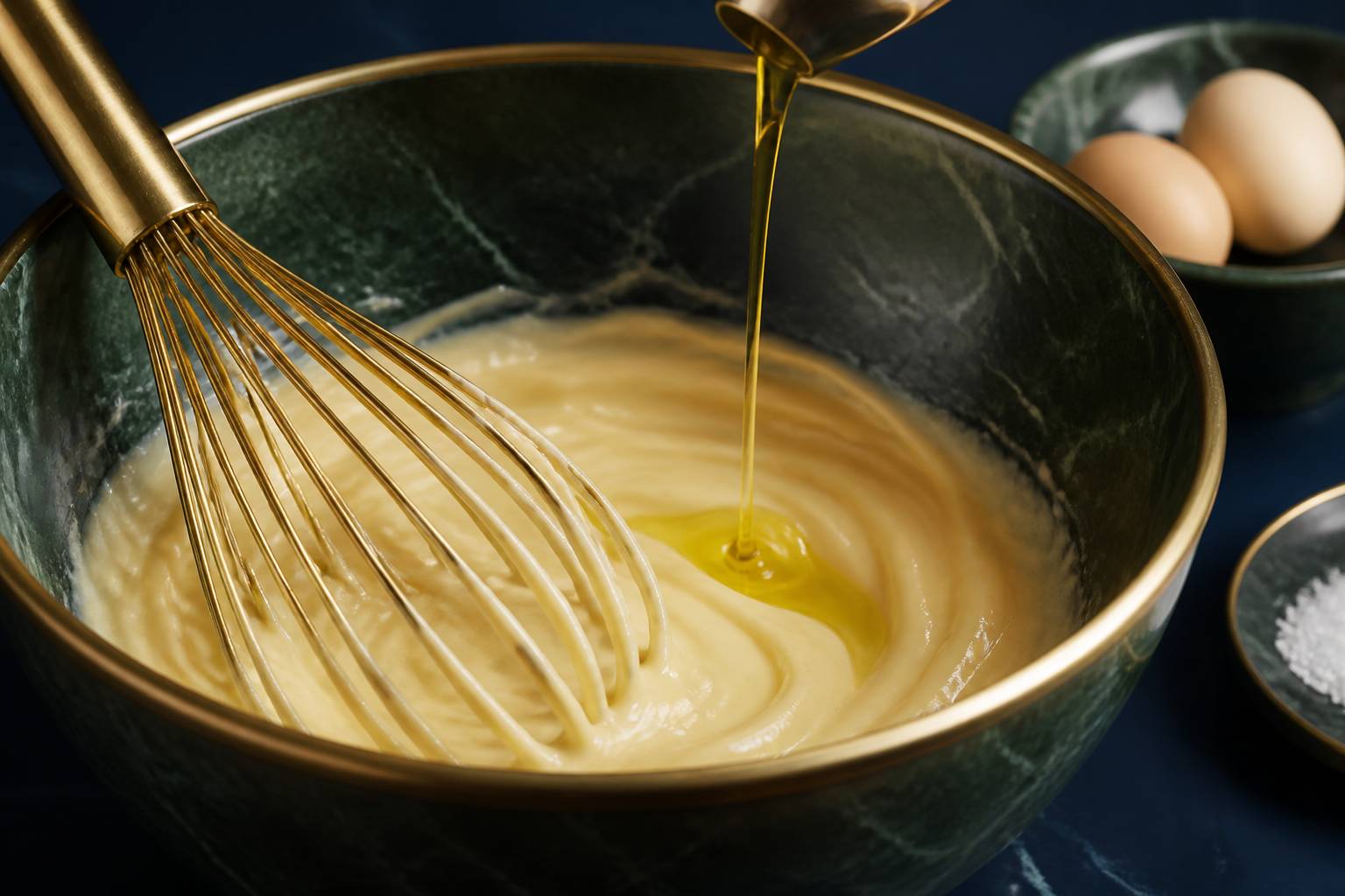 Fouet émulsionnant une mayonnaise avec un filet d'huile