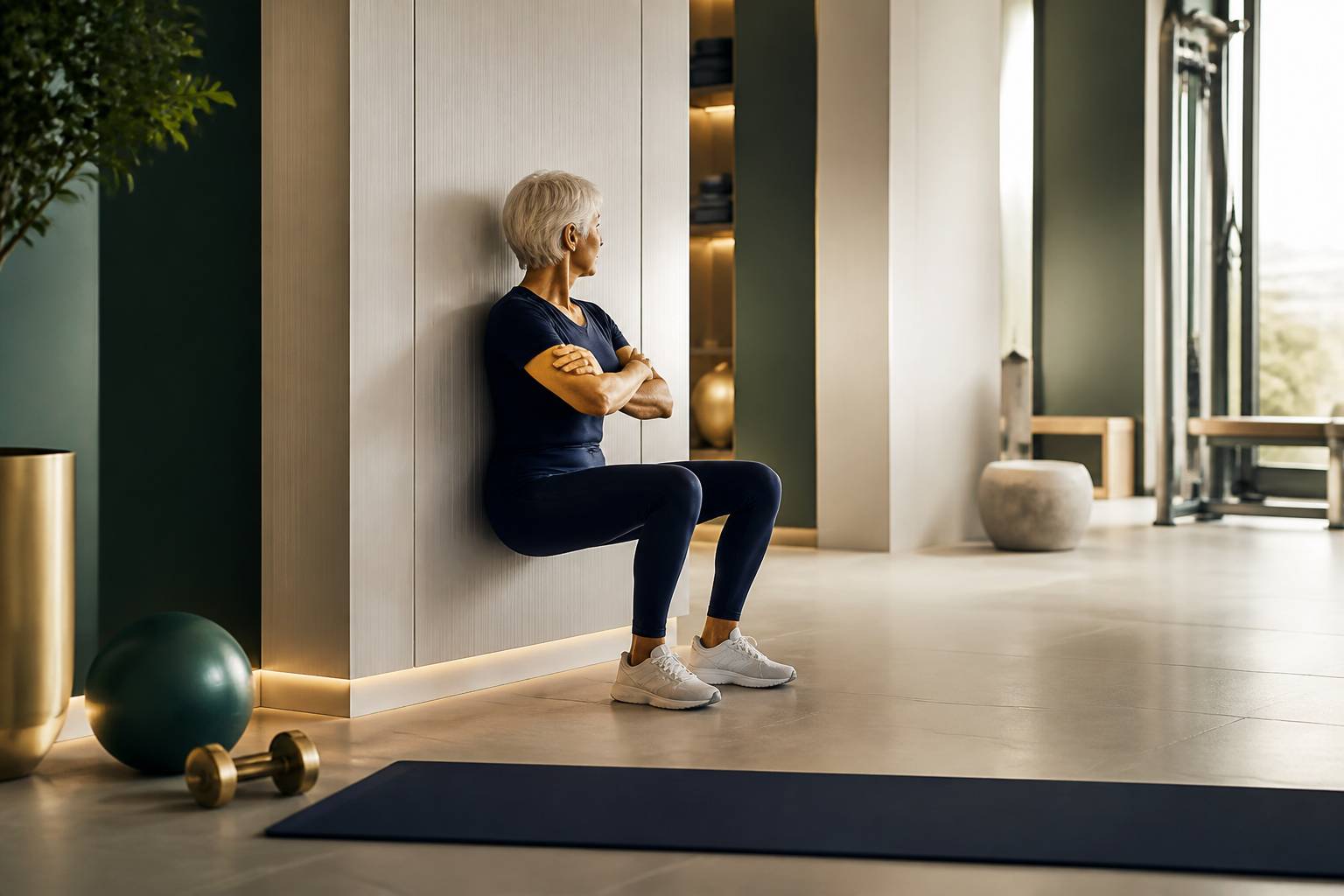 Personne âgée réalisant un exercice de squat contre un mur dans une salle lumineuse