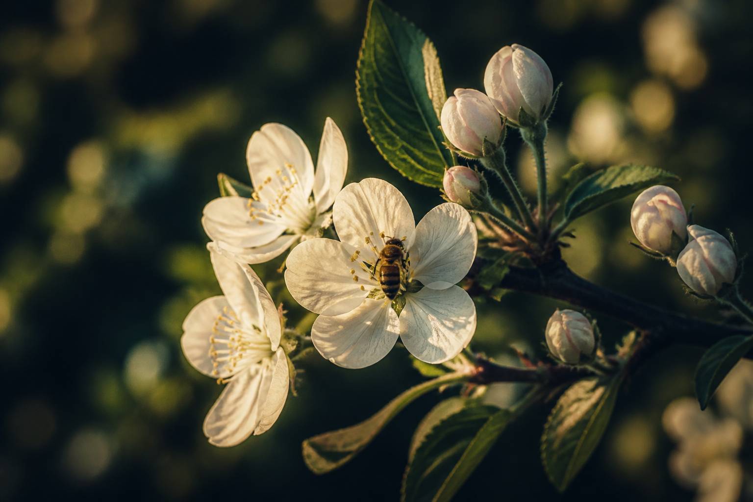 Fleurs de pommier avec une abeille et des bourgeons sur fond de verger