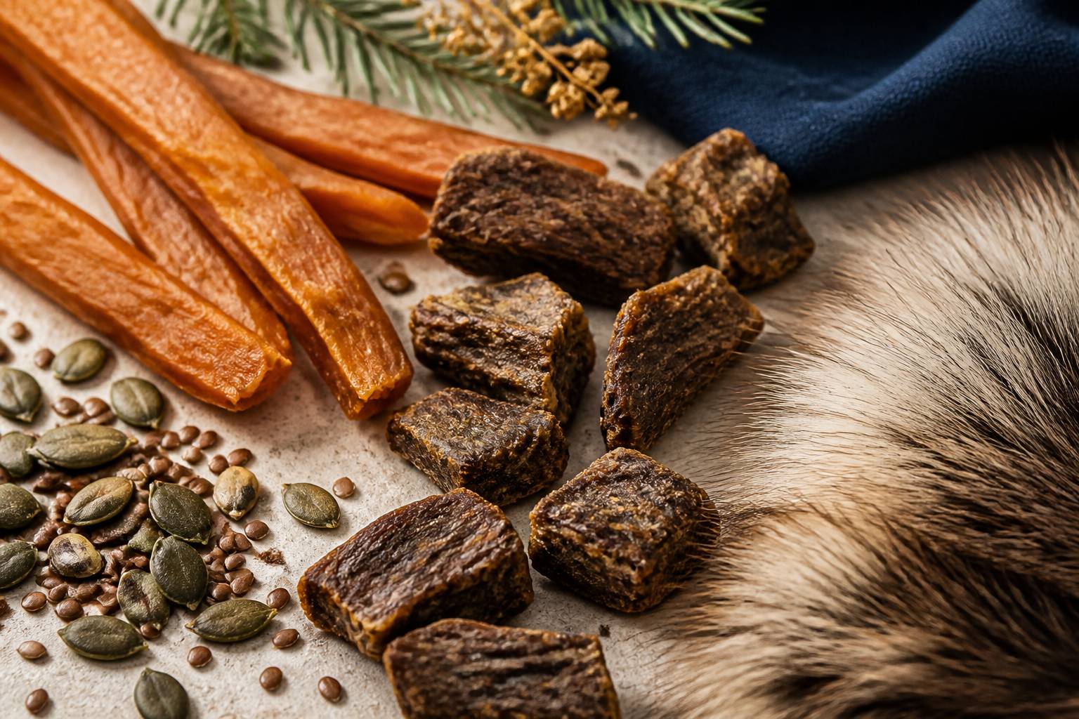 Bouchées de viande séchée et lamelles de patate douce sans emballage