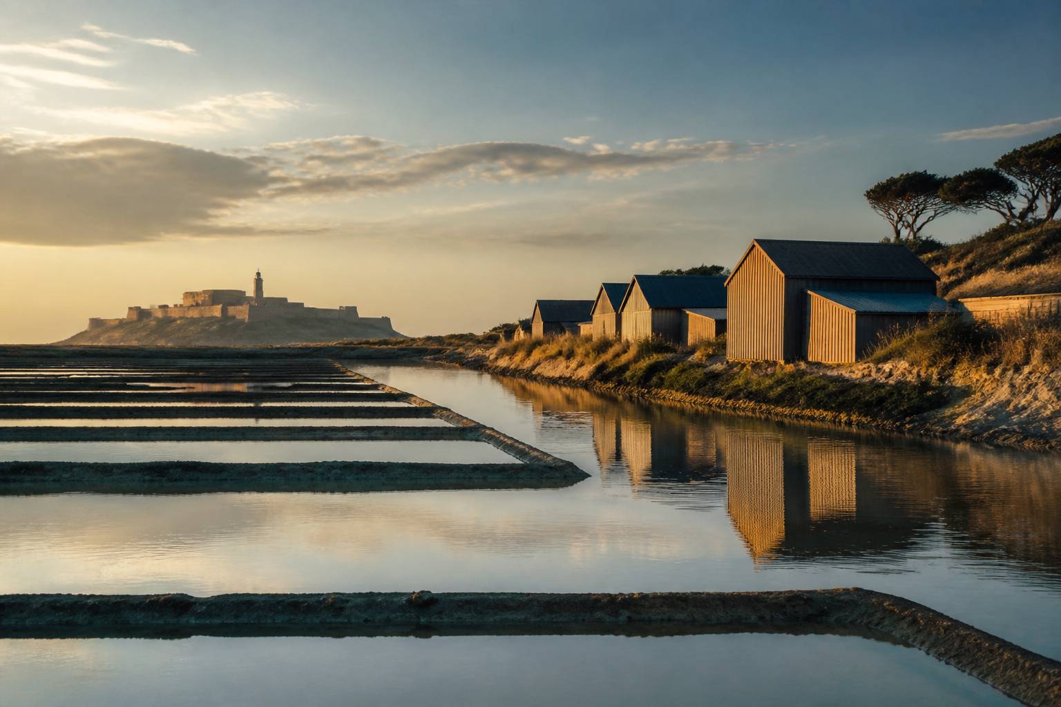 Paysage côtier d'île atlantique avec marais salants, cabanes ostréicoles et citadelle en fin de journée