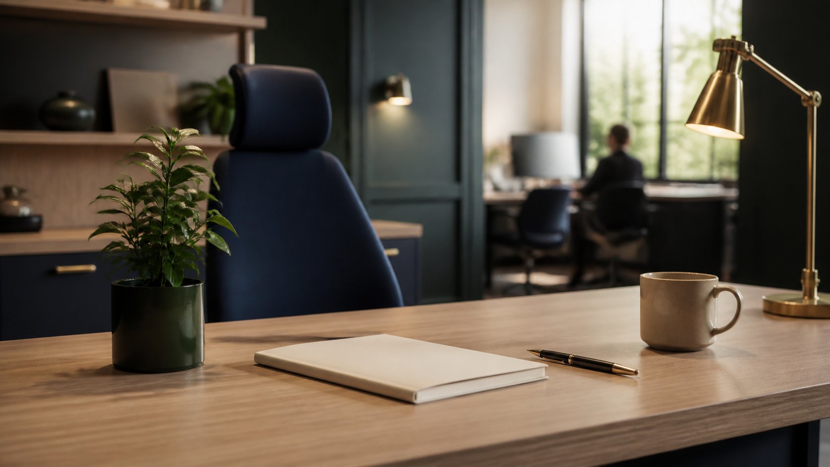 Bureau moderne préparé avec carnet et plante pour accueillir une nouvelle personne