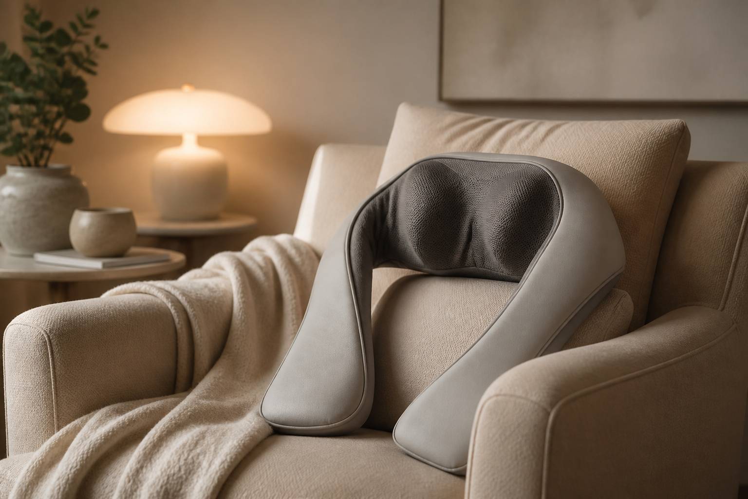 Appareil de massage du cou sans logo posé sur un fauteuil confortable