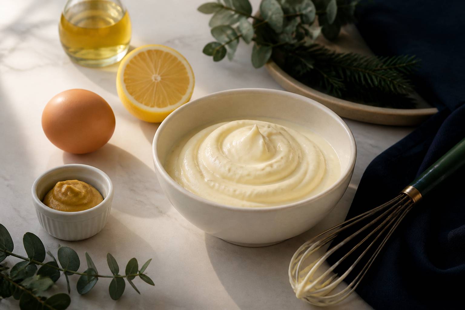 Mayonnaise légère maison dans un bol avec un fouet