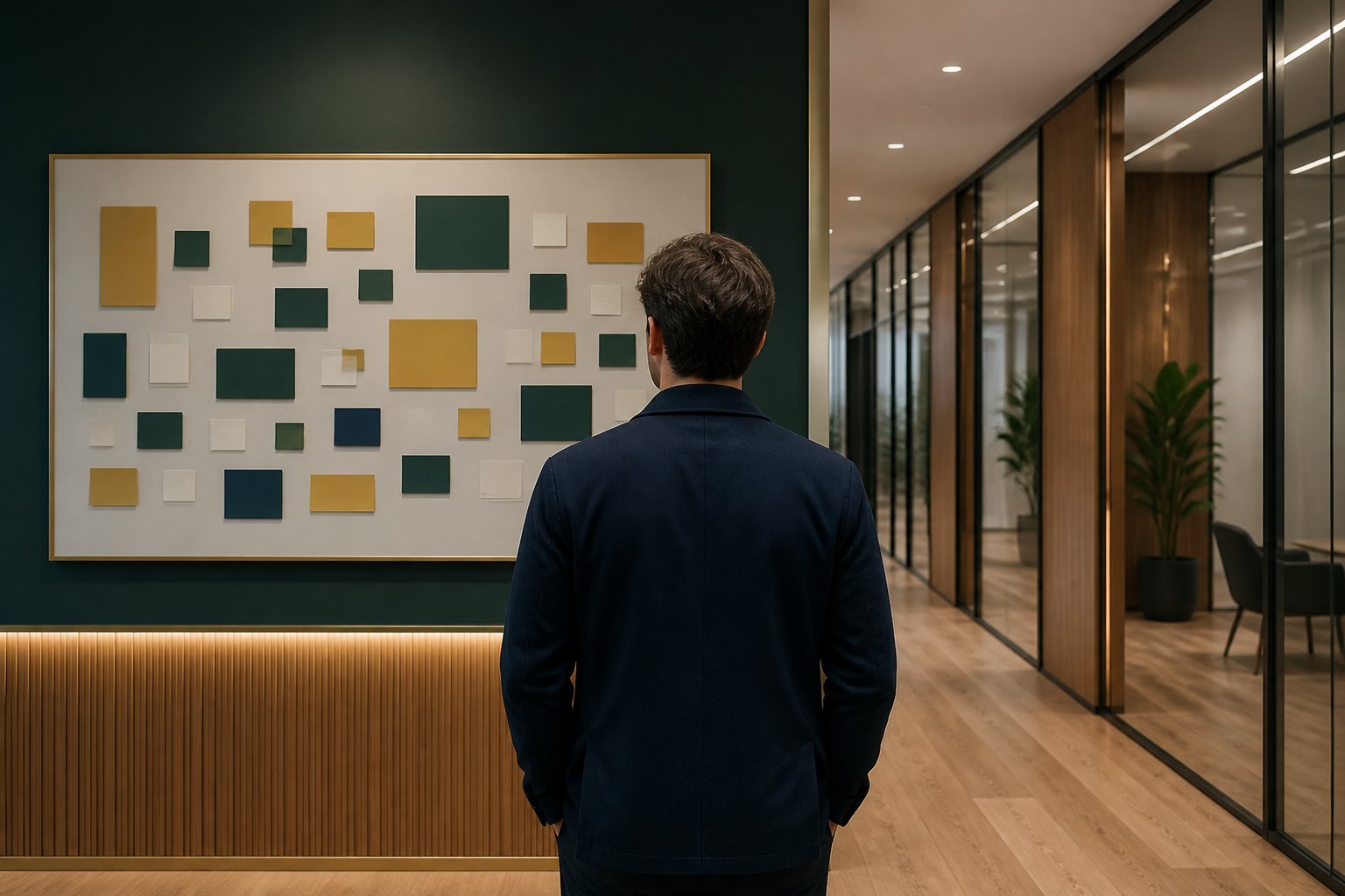 Personne vue de dos observant un tableau d'affichage aux notes colorées sans texte