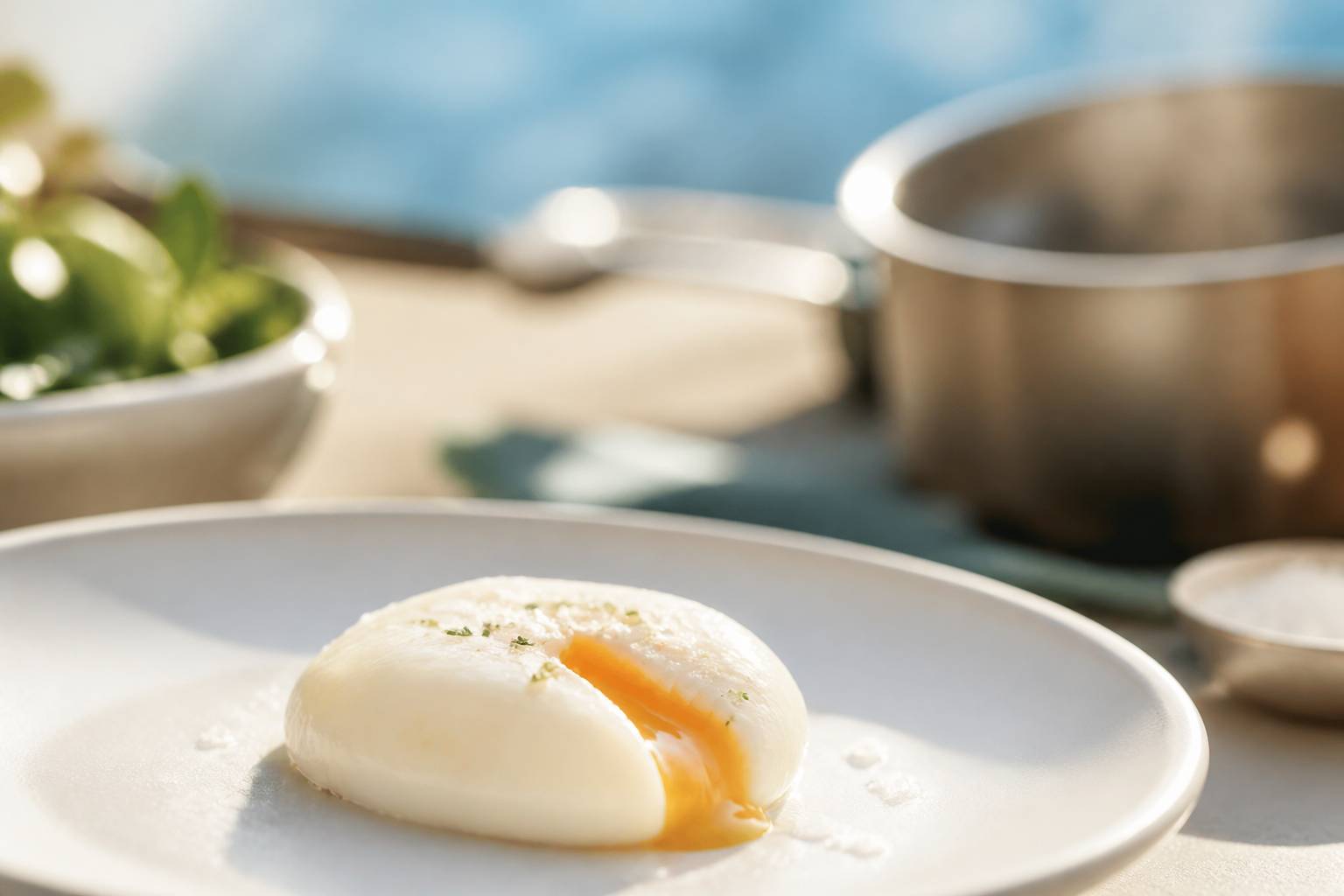 Œuf poché au jaune coulant posé sur une assiette blanche