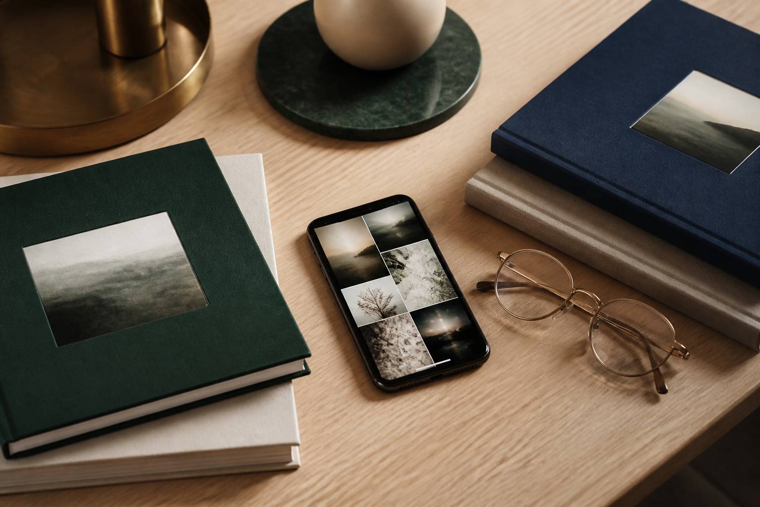 Smartphone posé près d'albums photo et d'une tasse, écran montrant une grille d'images