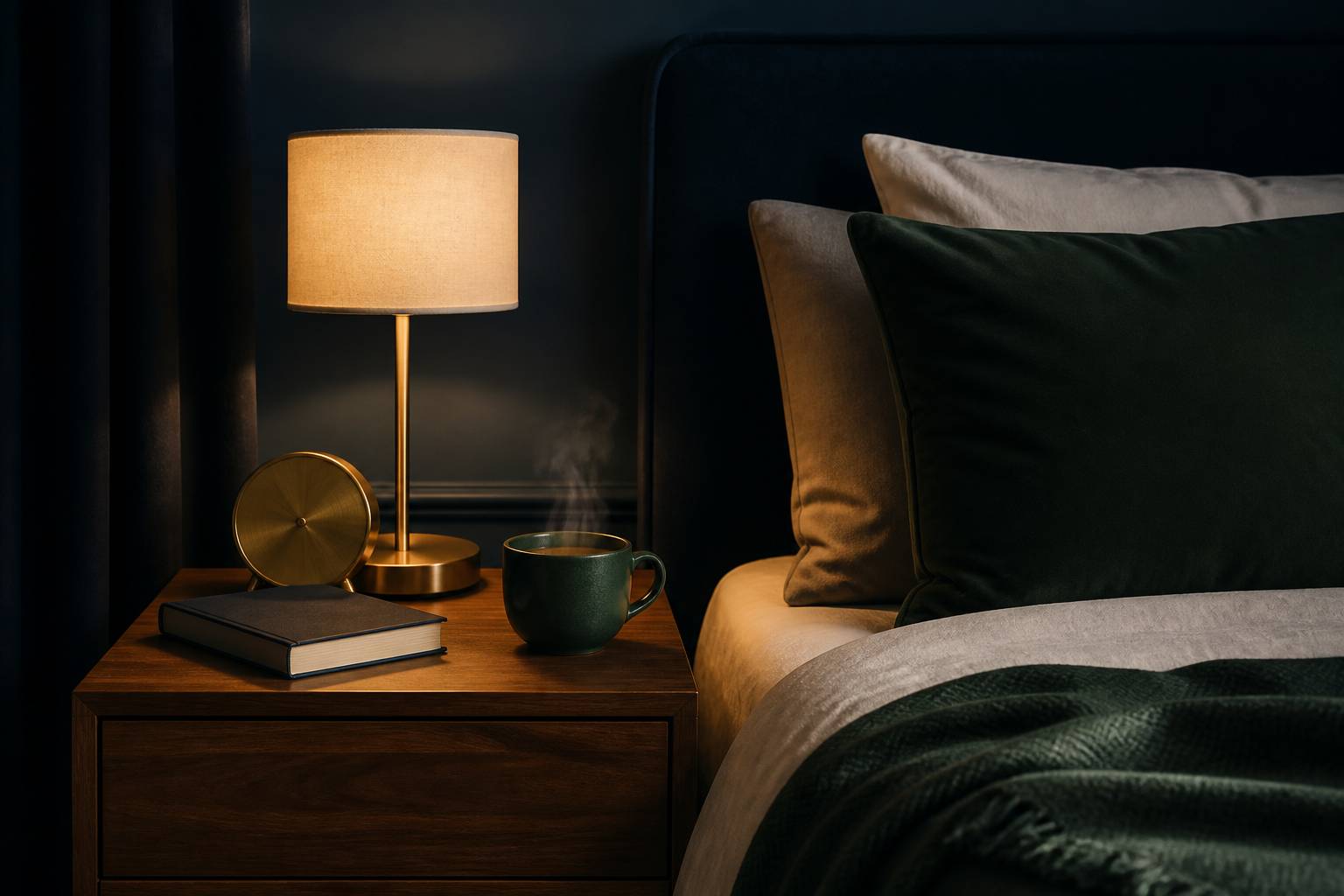 Rituel du soir avec tisane, livre et lampe tamisée