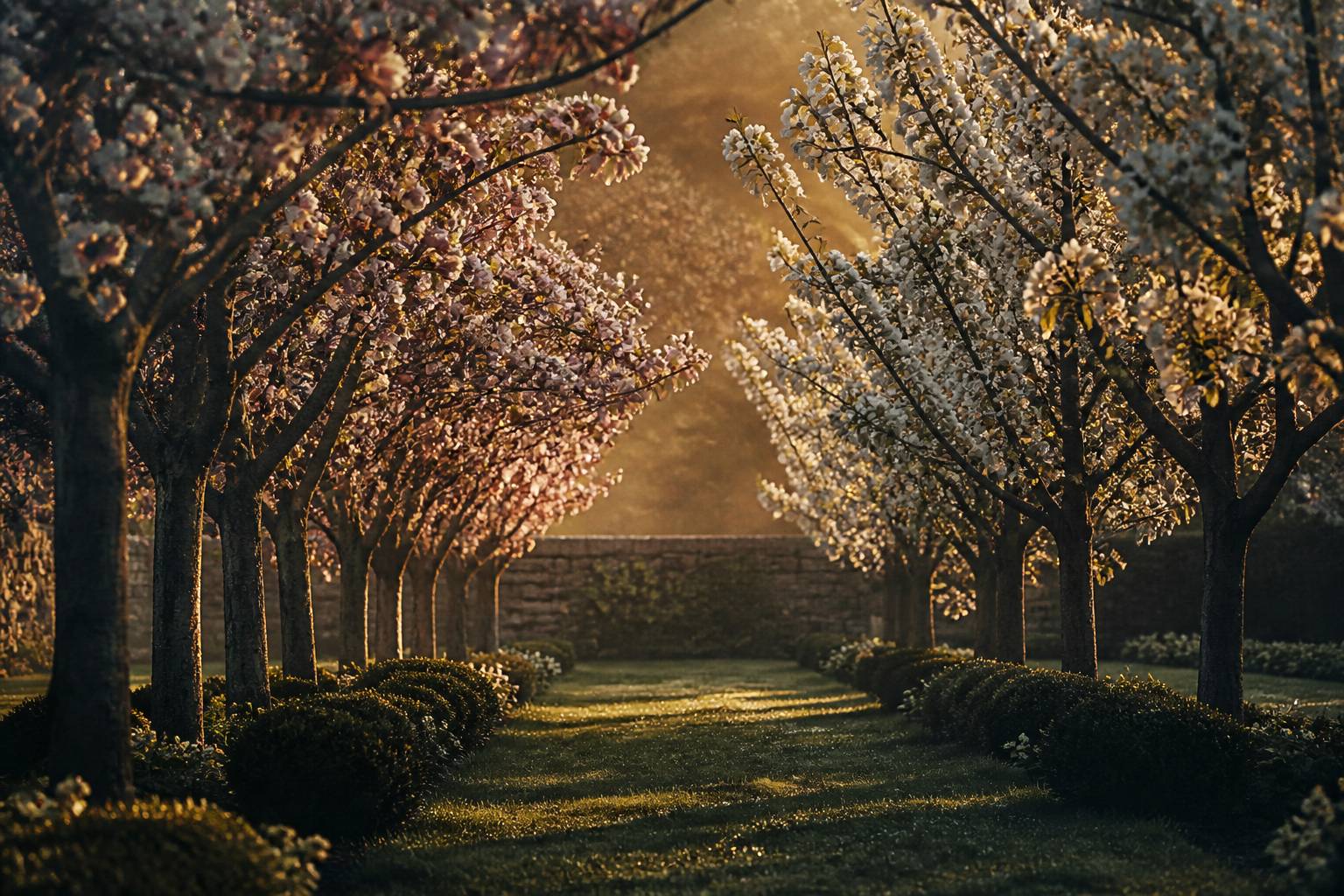 Verger d'arbres fruitiers en pleine floraison au lever du jour