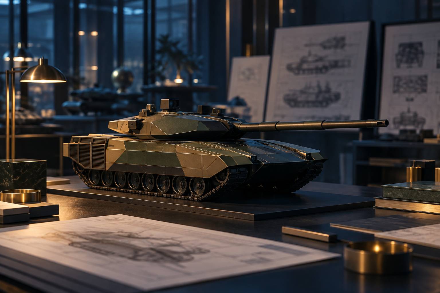 Maquette générique de char de combat sur des plans techniques