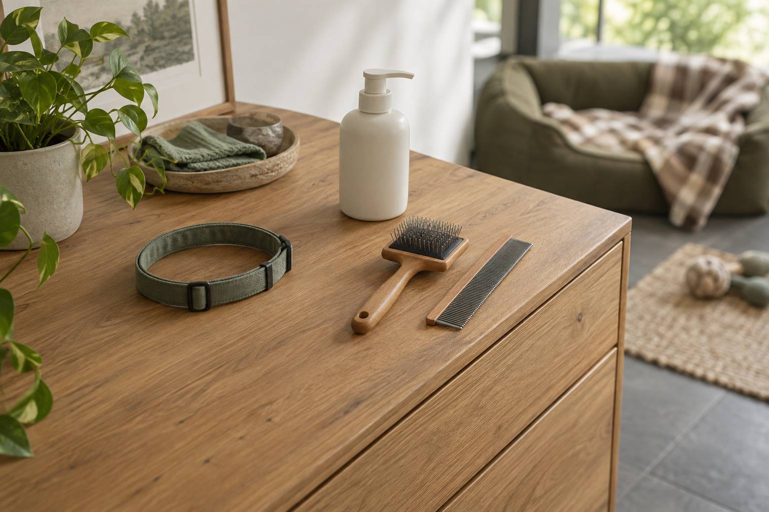 Collier en tissu pose sur une commode avec brosse et peigne de toilettage