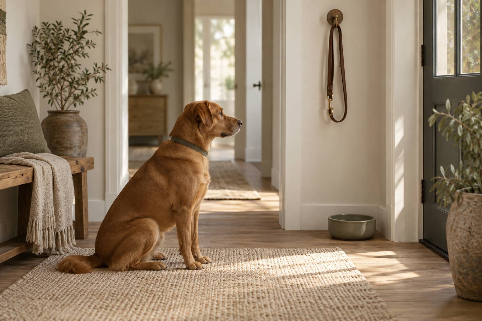 Chien fauve assis sur un tapis dans une entree avec un collier en tissu uni