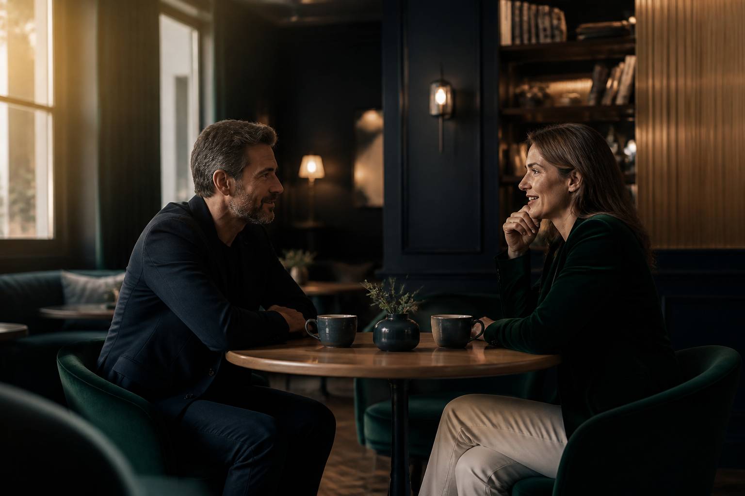 Homme et femme d'âge mûr discutant sincèrement autour d'une table en bois dans un café chaleureux