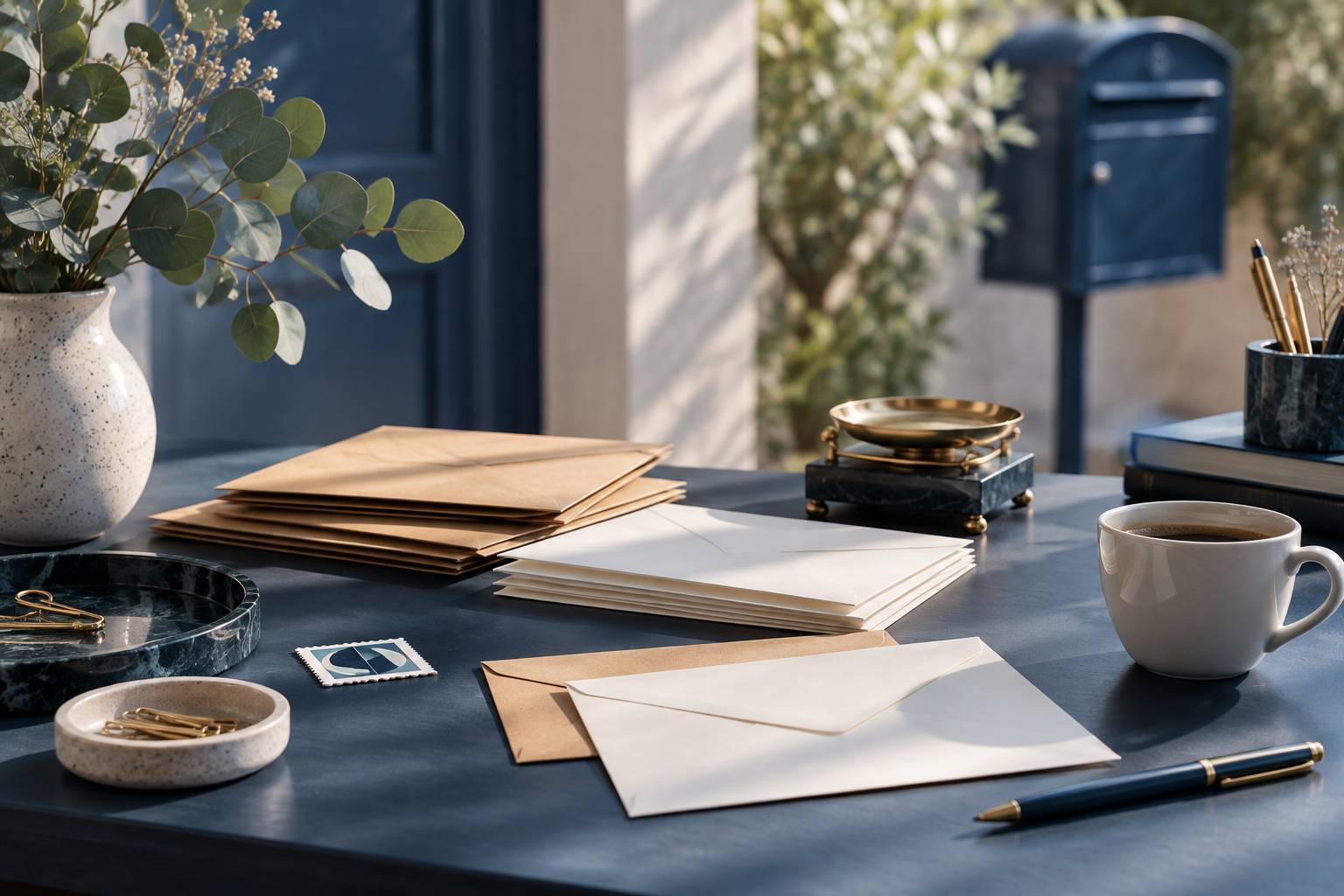Plan de travail avec enveloppes, balance de précision et boîte aux lettres métallique