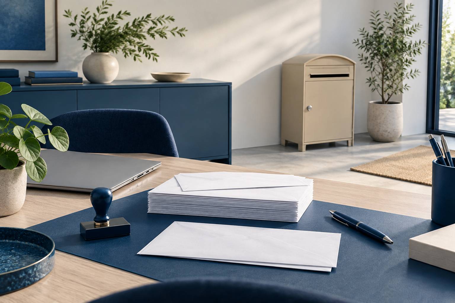 Bureau lumineux avec pile d'enveloppes unies et boîte aux lettres beige