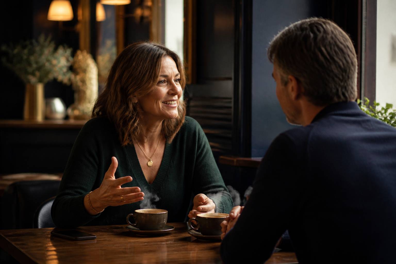 Femme à la posture ouverte écoutée attentivement autour de tasses de café dans un salon feutré aux tons profonds