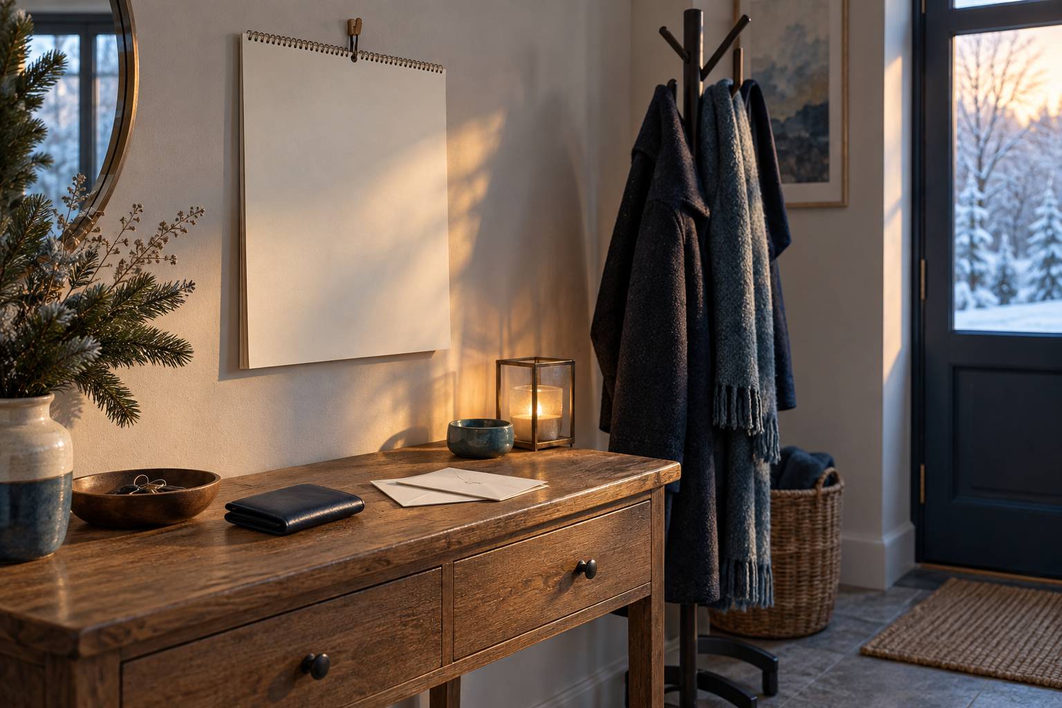 Calendrier mural en papier et enveloppes posees sur une console en bois dans un vestibule