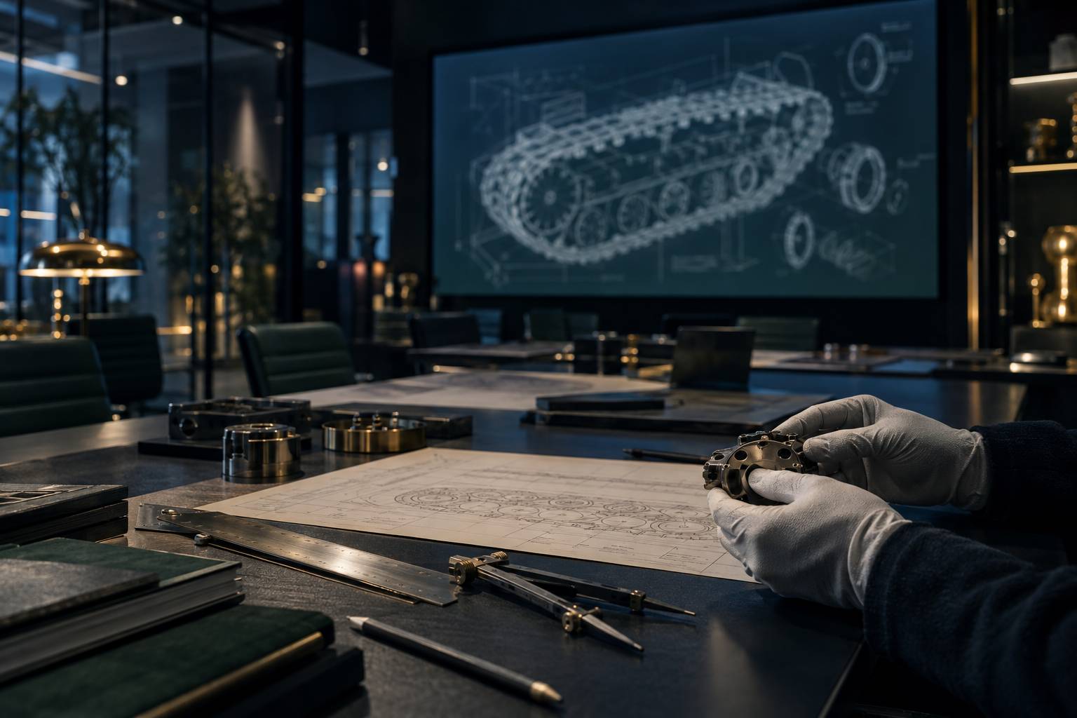 Salle d'étude avec croquis de chenille et pièces de maquette de char