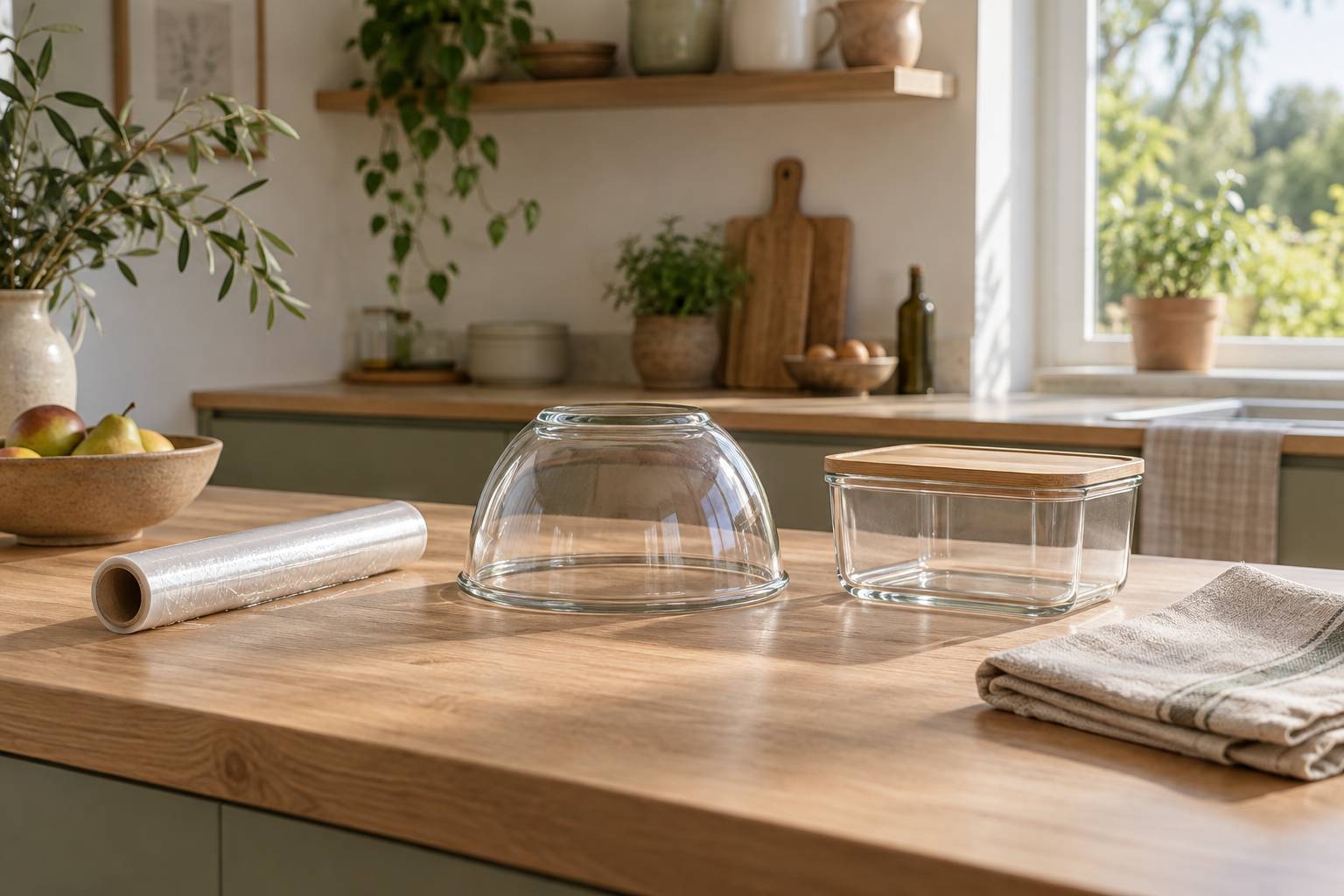 Rouleau de film alimentaire et saladier en verre sur un plan de travail clair