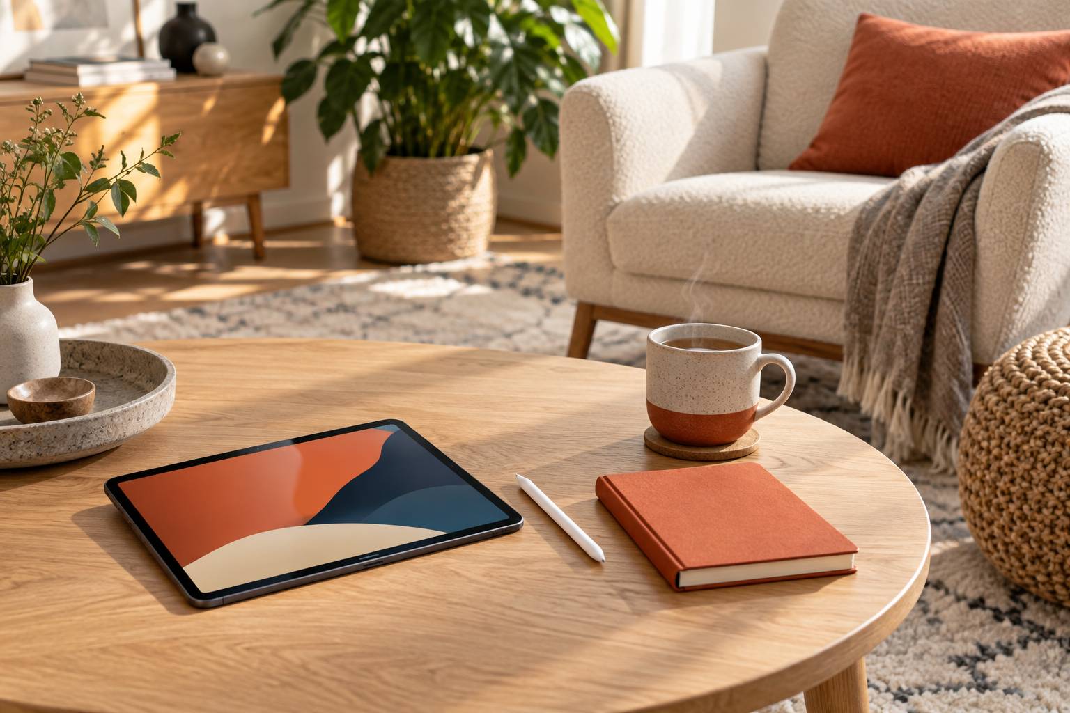 Tablette et stylet poses sur une table basse avec tasse de the et fauteuil