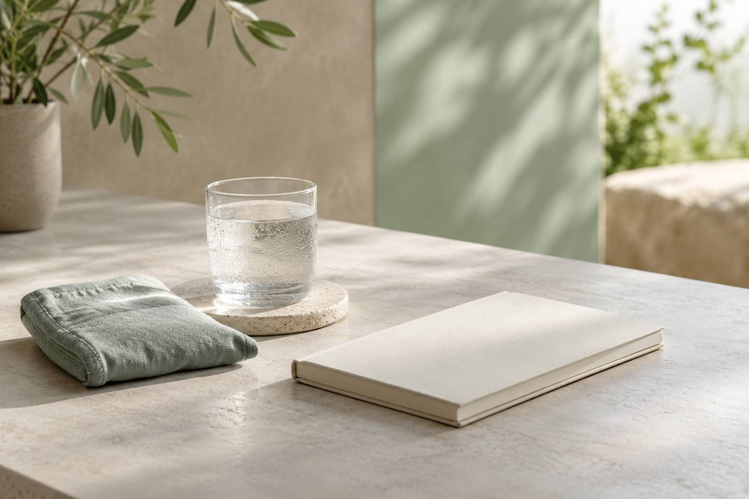 Verre d'eau et compresse froide sur un plateau clair pres d'un carnet