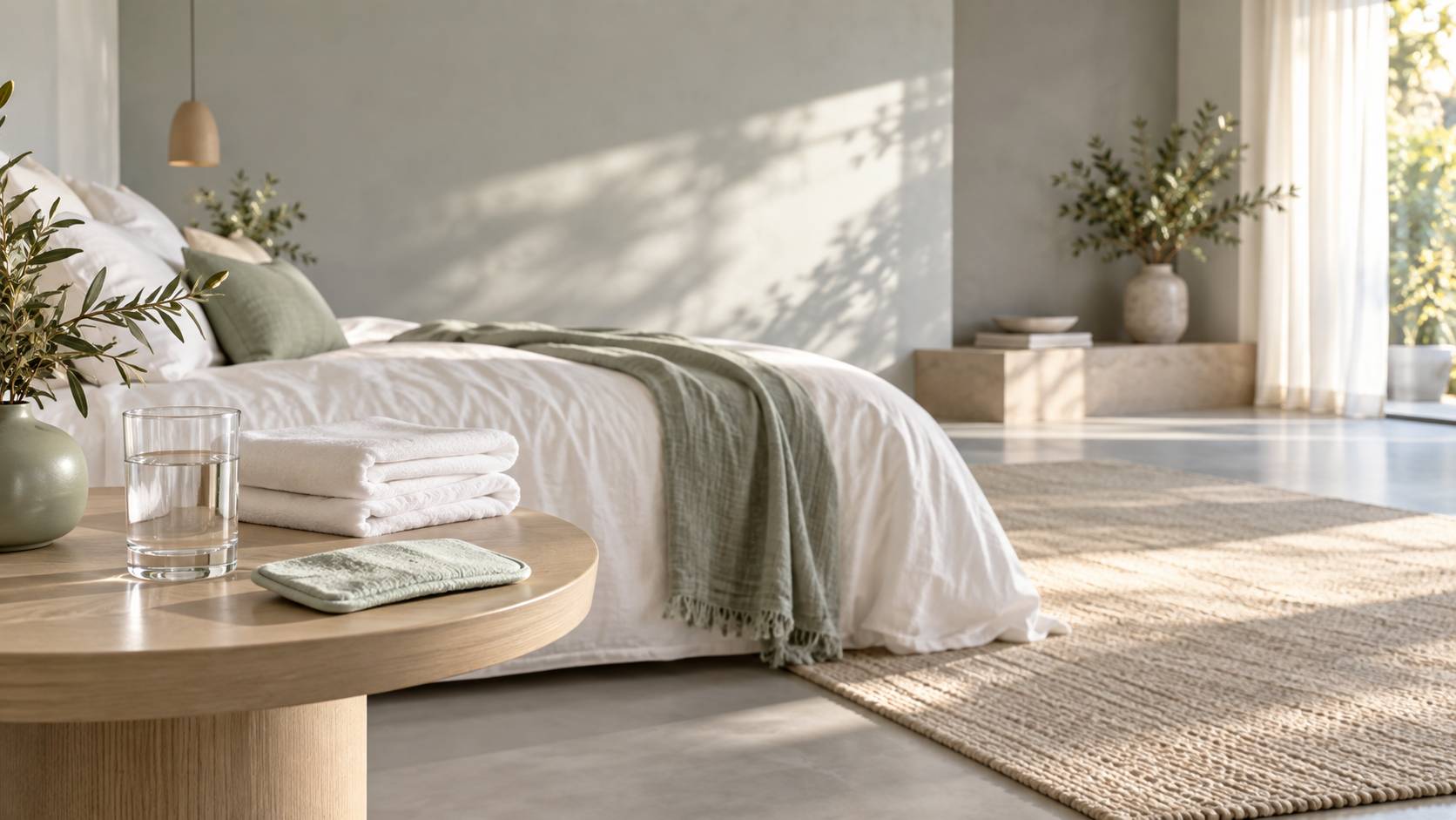 Verre d'eau et compresse fraiche poses sur une table de nuit dans une piece calme