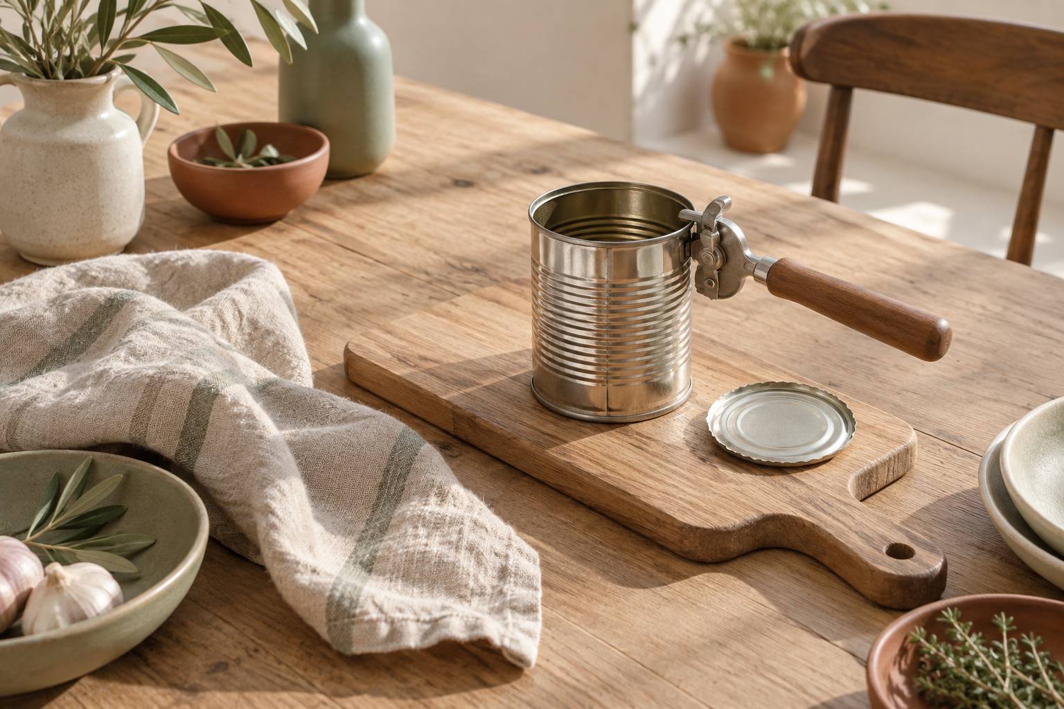 Appareil electromenager ouvert sur le flanc d'une boite de conserve sur une table de cuisine
