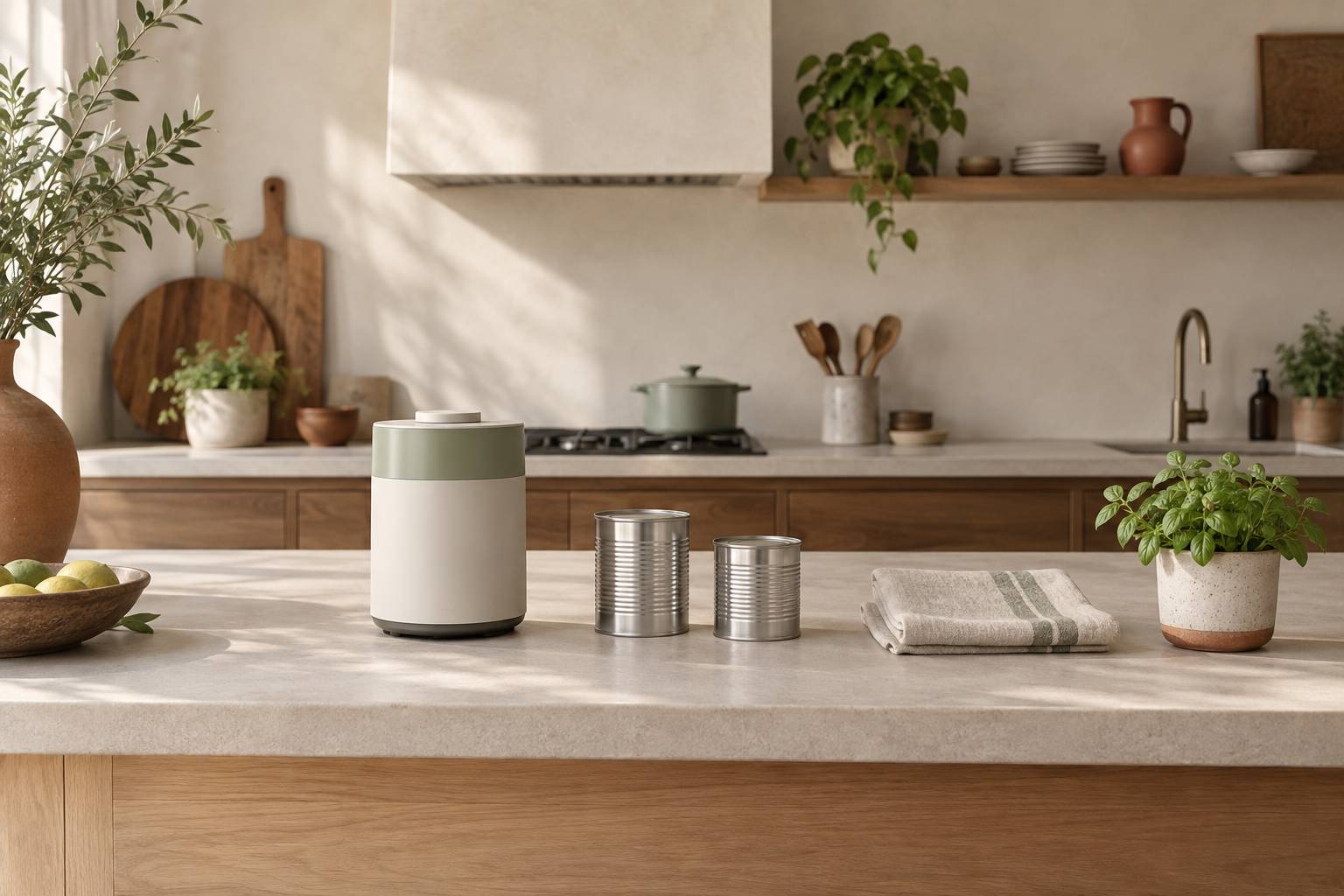 Petit appareil electromenager sur un plan de travail de cuisine clair avec boites de conserve