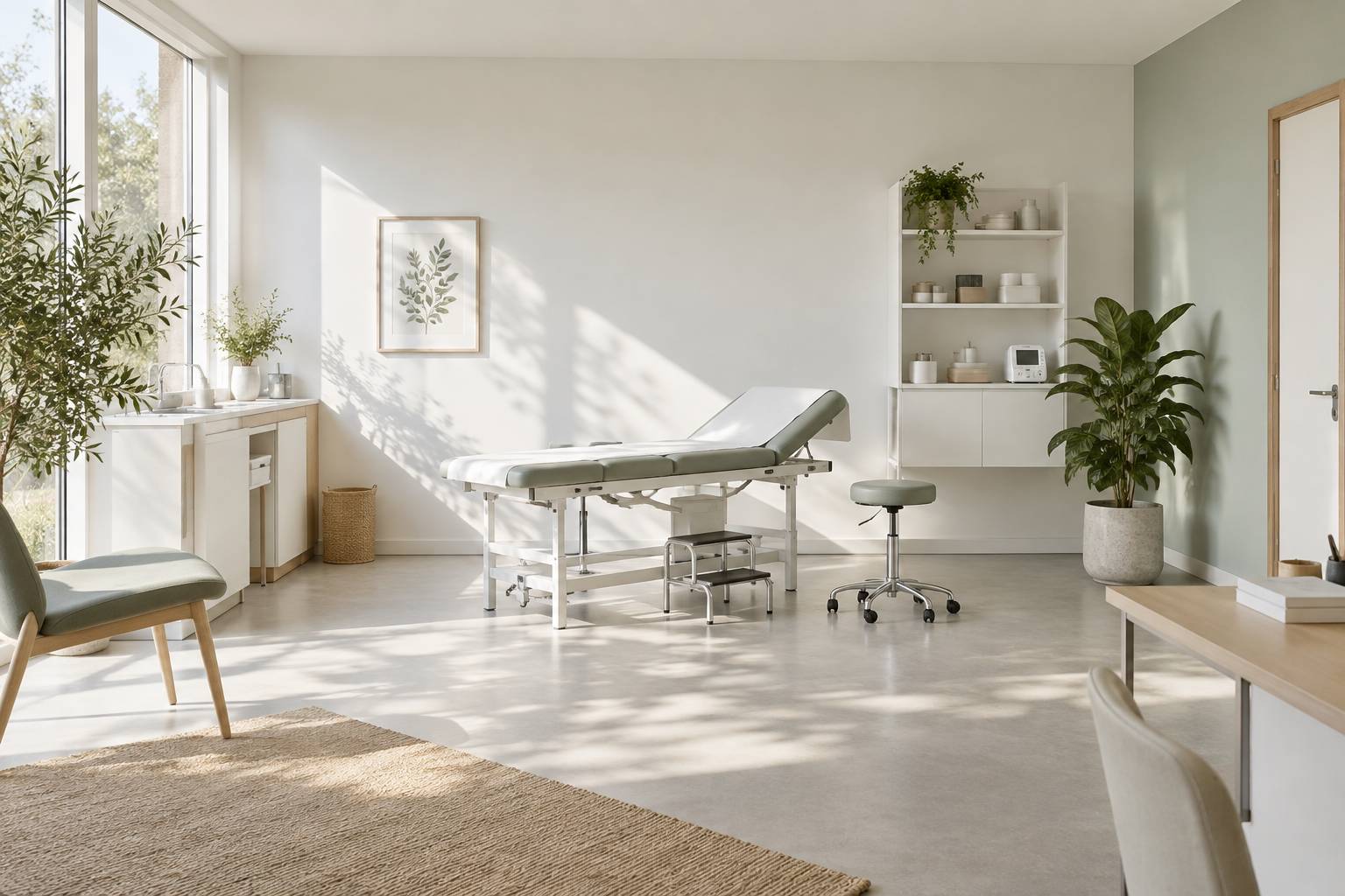 Cabinet medical sobre avec table d'examen et tabouret vide